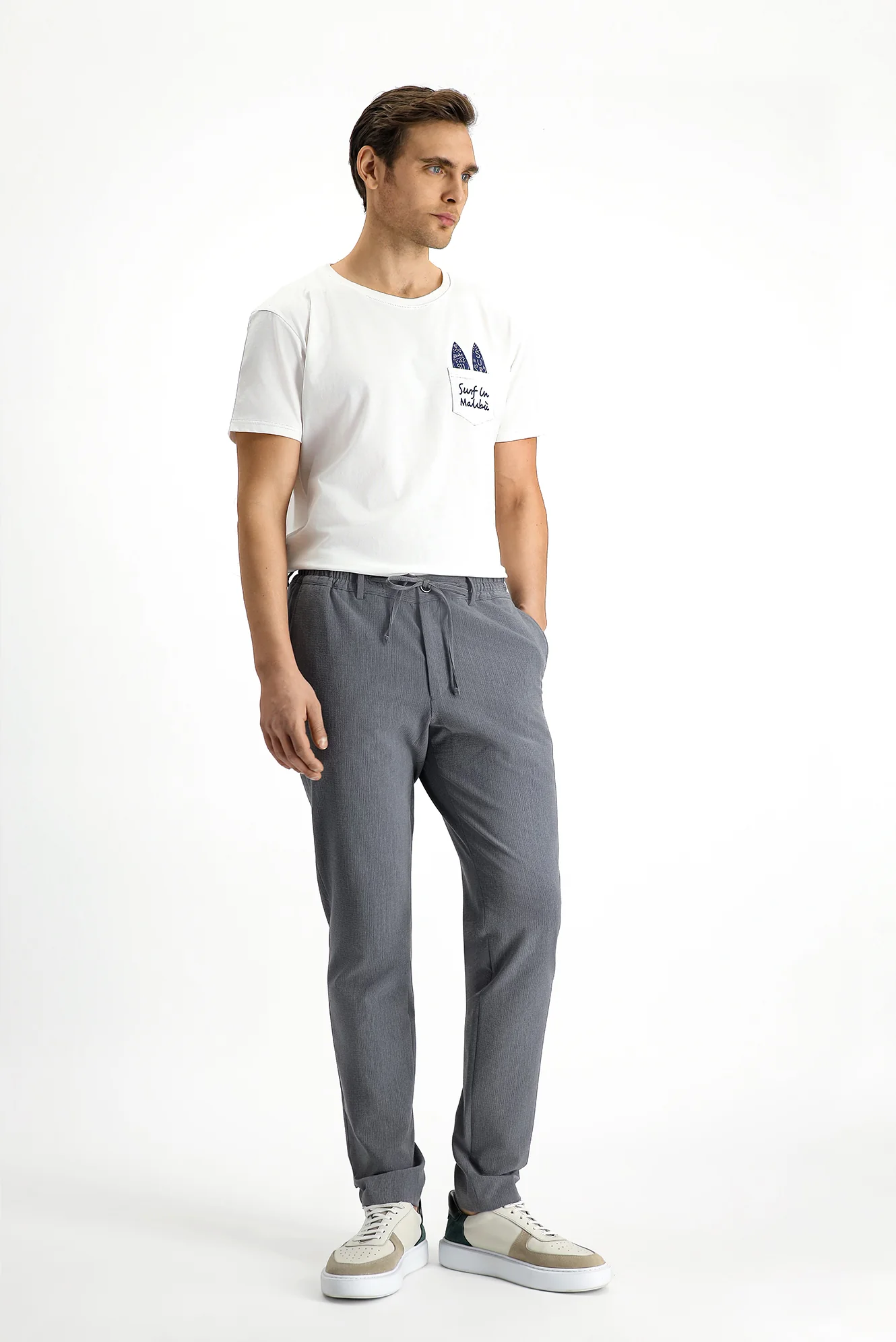 Koyu Füme 7 Drop Super Slim Fit Eksra Dar Kesim Beli Lastikli İpli Gofre Likralı Klasik Kumaş Pantolon - Image 3