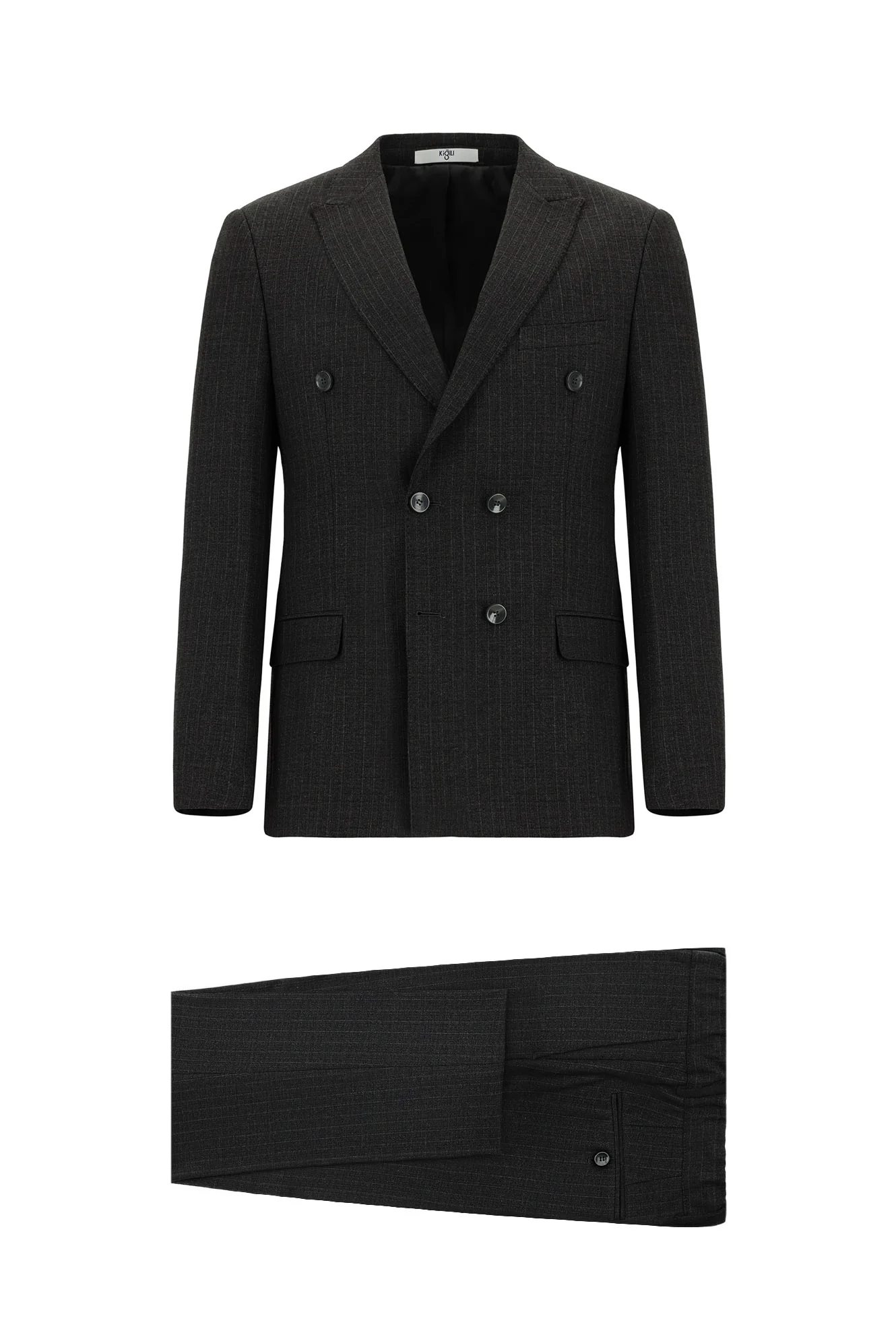 Koyu Füme 7 Drop Super Slim Fit Eksra Dar Kesim Çizgili Beli Lastikli İpli Kruvaze Takım Elbise