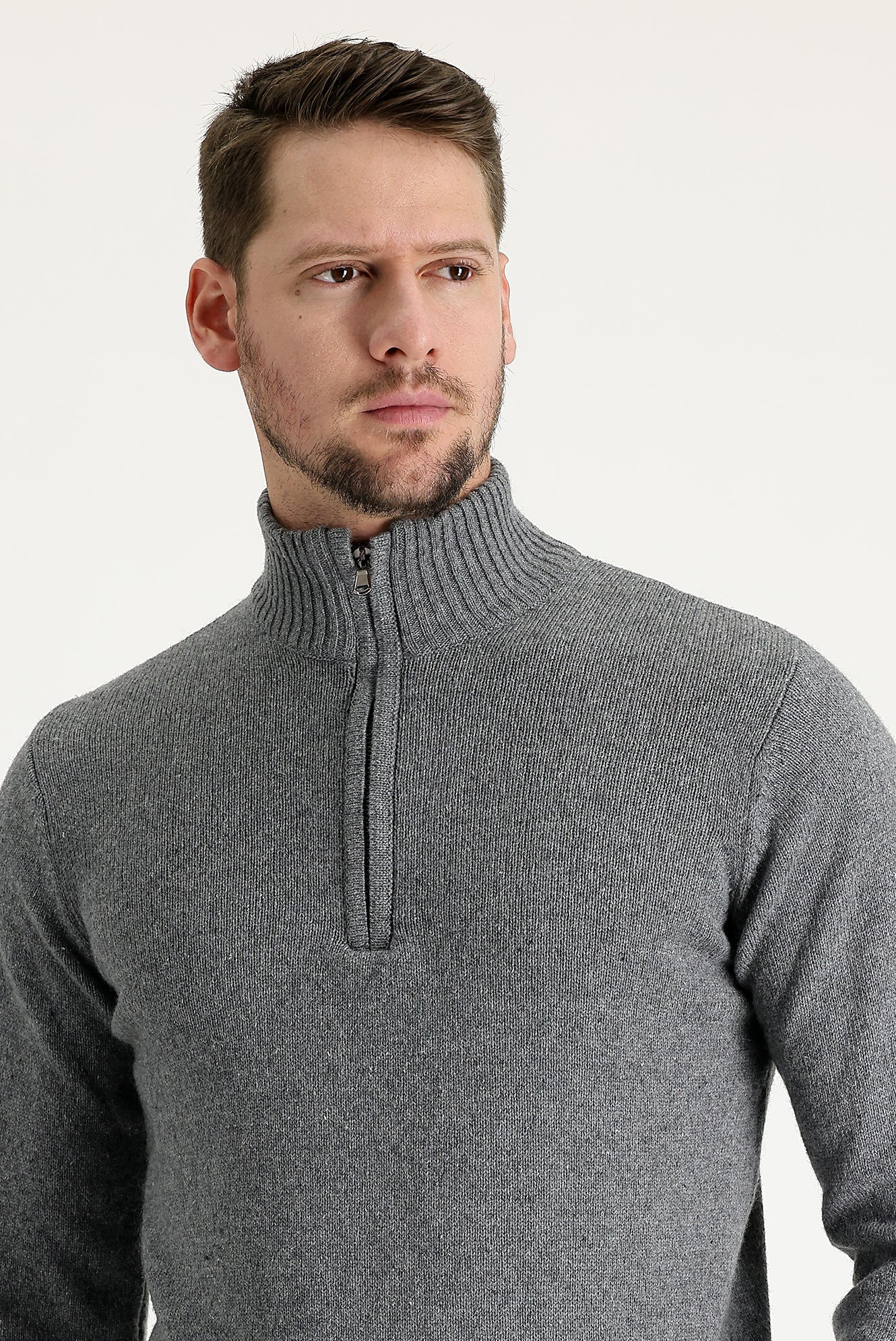Koyu Füme Yarım Balıkçı Yaka Slim Fit Dar Kesim Fermuarlı Yünlü Triko Kazak