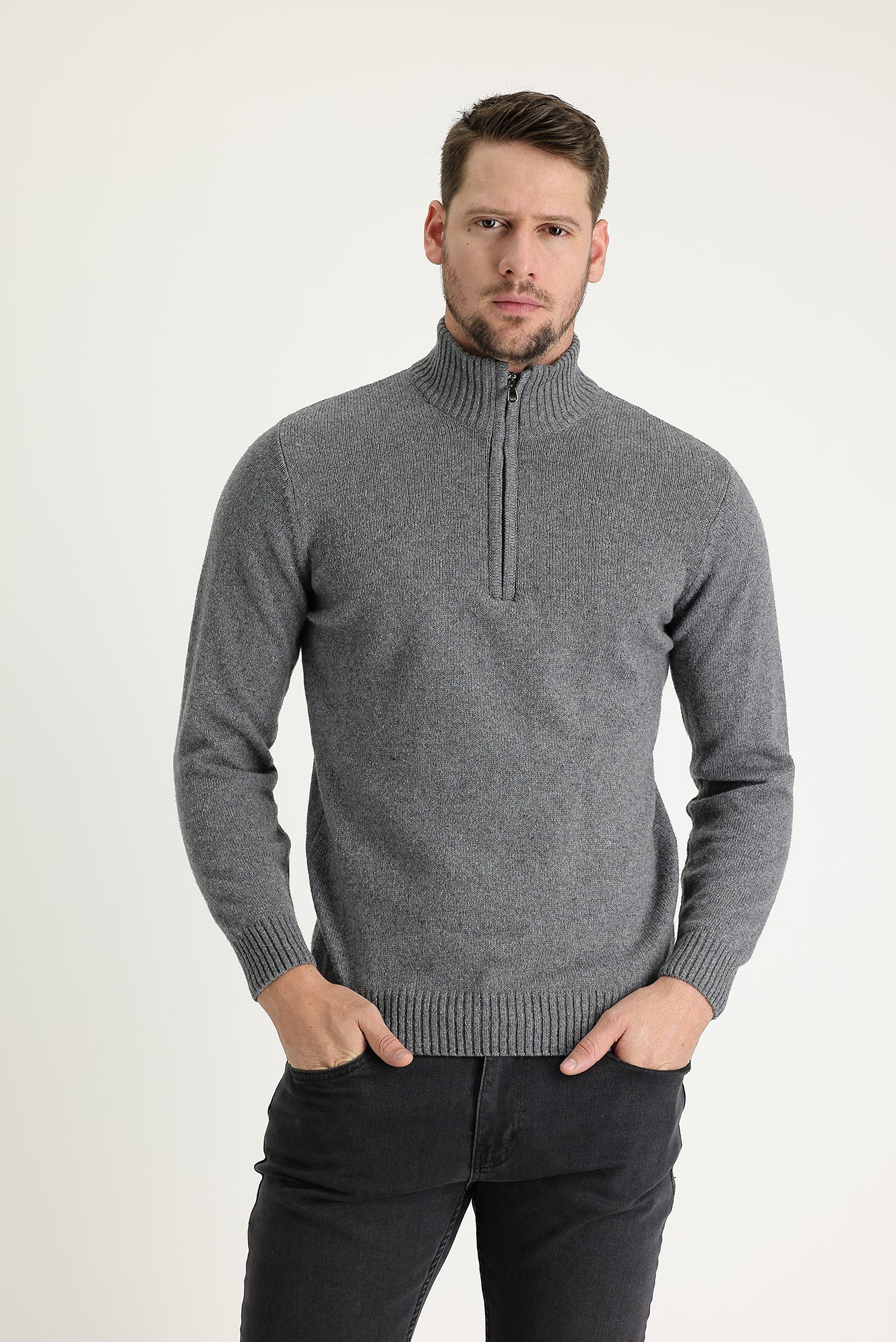 Koyu Füme Yarım Balıkçı Yaka Slim Fit Dar Kesim Fermuarlı Yünlü Triko Kazak - Image 2