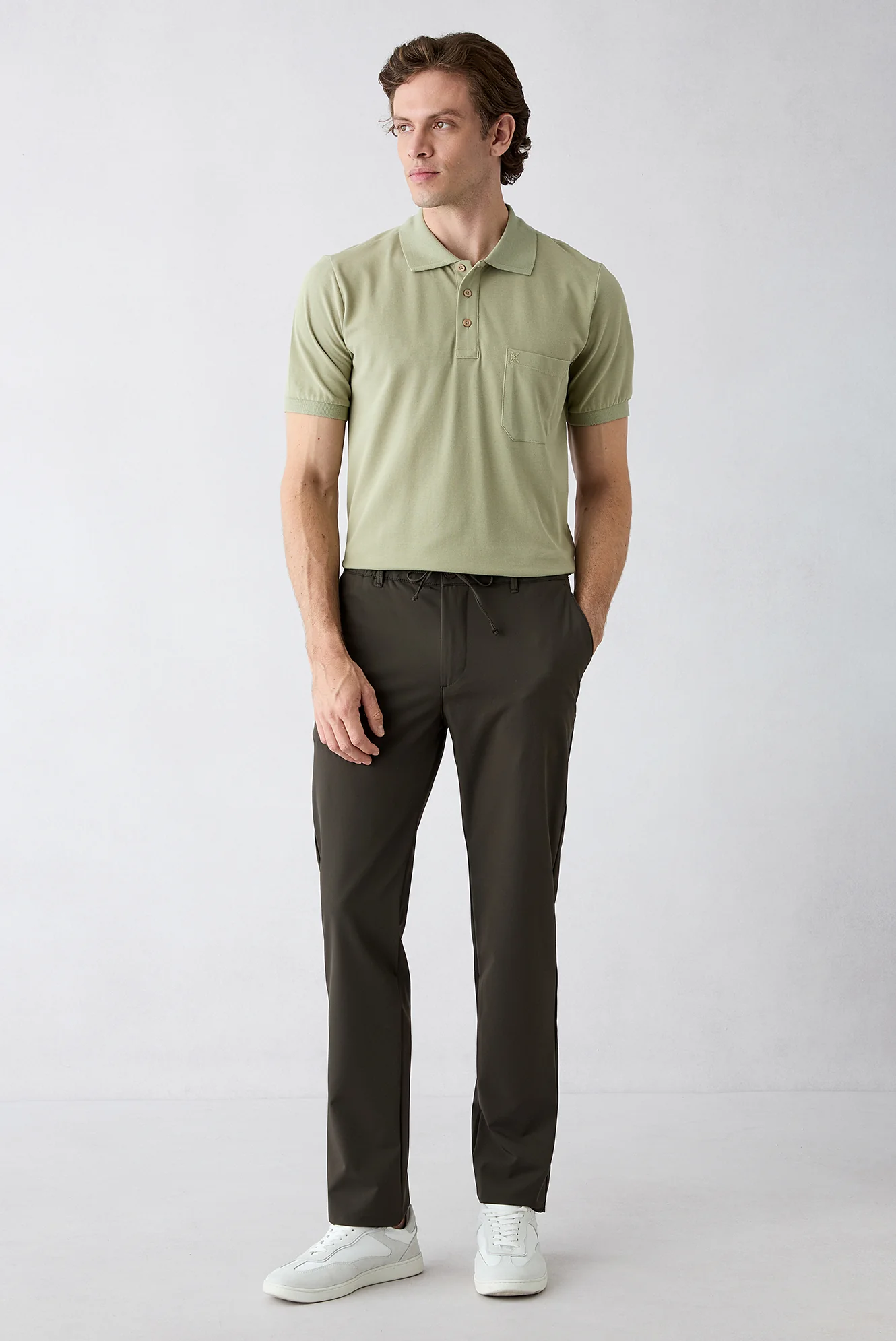 Koyu Haki Techno-Line Regular Fit Standart Kesim Çantalı Likralı Beli İpli Chino / Kanvas Pantolon