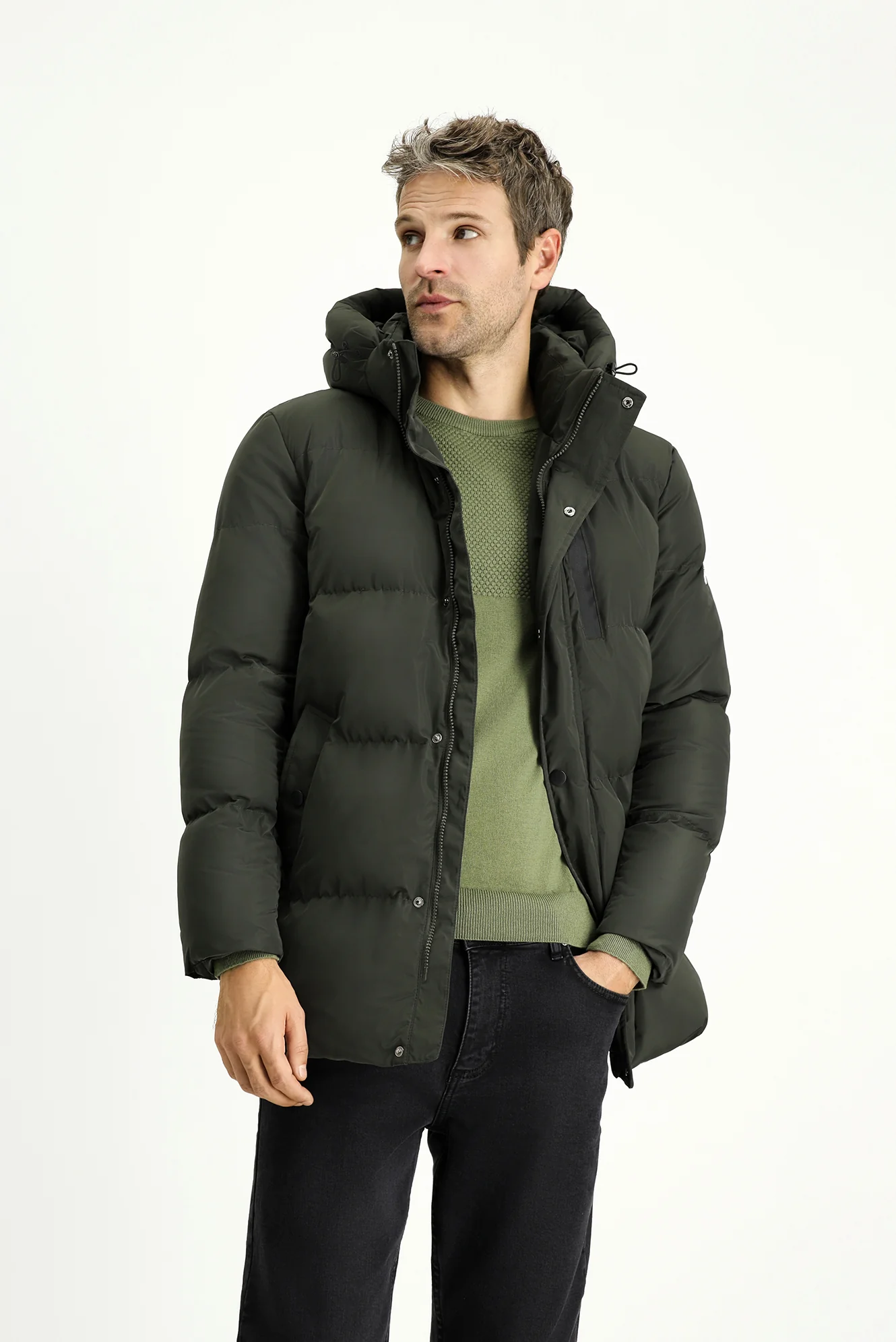 Koyu Haki Kapüşonlu Spor Şişme Mont - Image 3