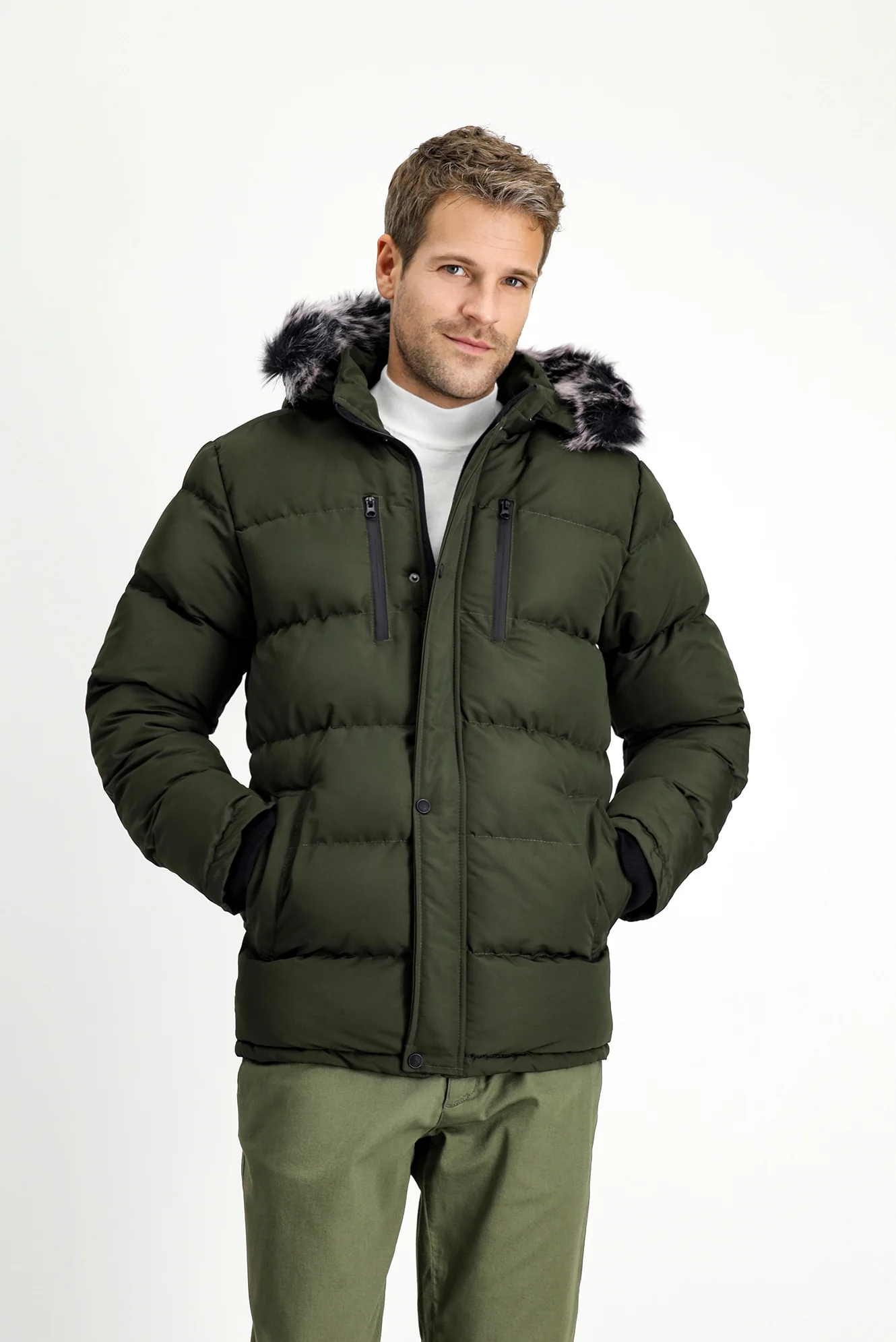 Koyu Haki Kürklü Kapüşonlu Spor Şişme Kaban - Image 4