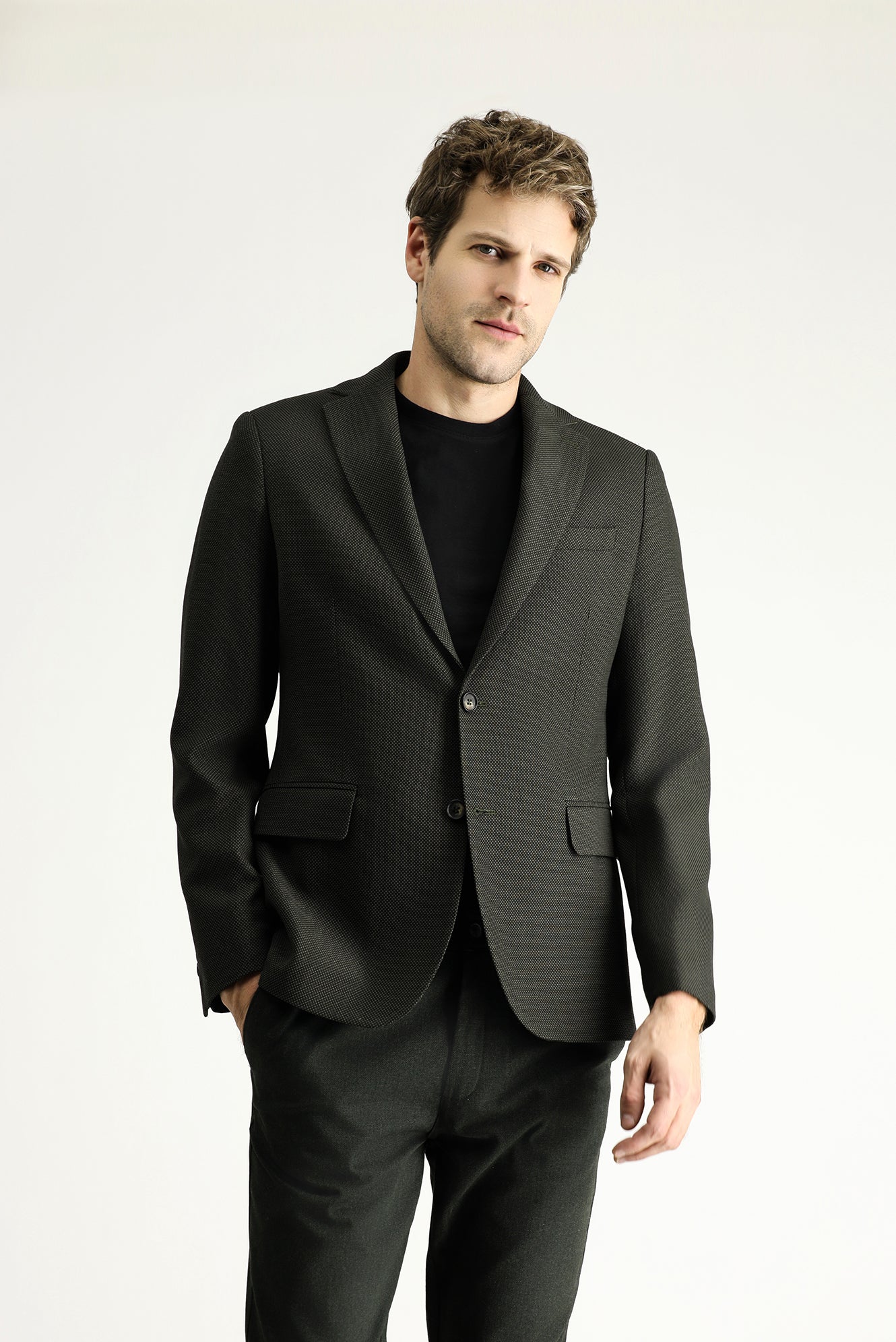 Koyu Haki 6 Drop Regular Fit Standart Kesim Yünlü Desenli Klasik Ceket - Image 3