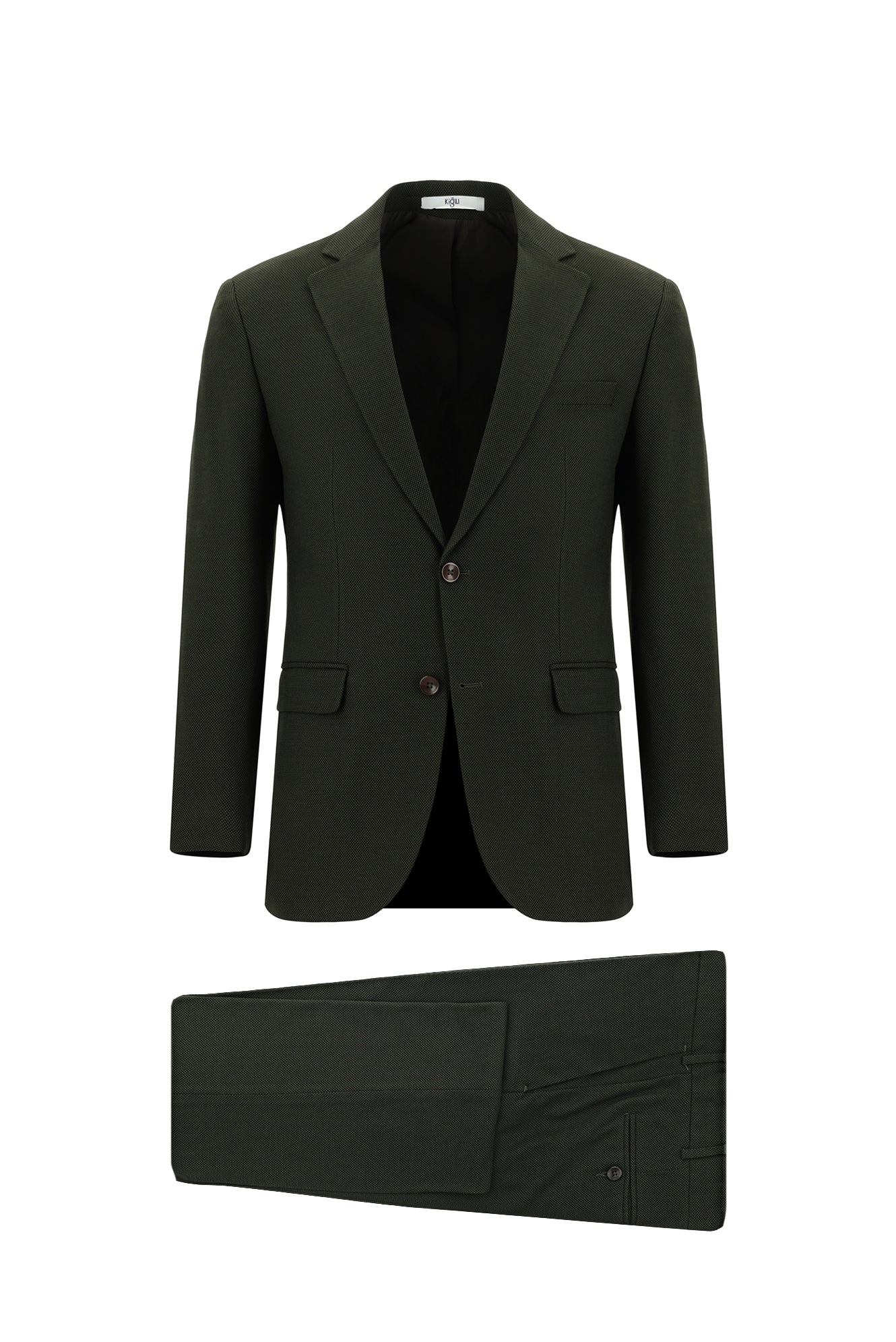 Koyu Haki 4 Drop Relaxed Fit Rahat Kesim Desenli Takım Elbise