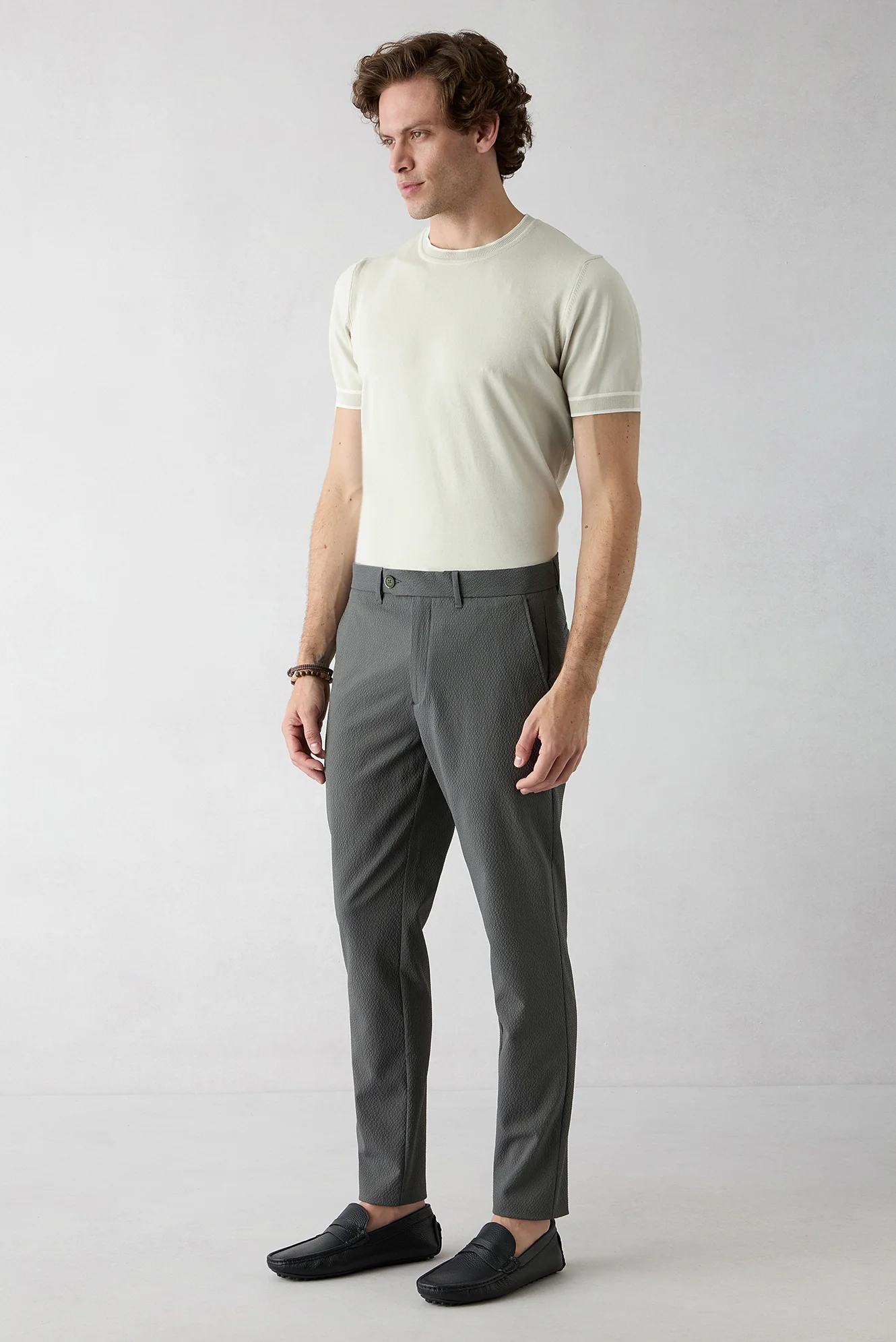 Koyu Haki Tapered Slim Fit Likralı Gofreli Çizgili Kanvas / Chino Pantolon - Image 2