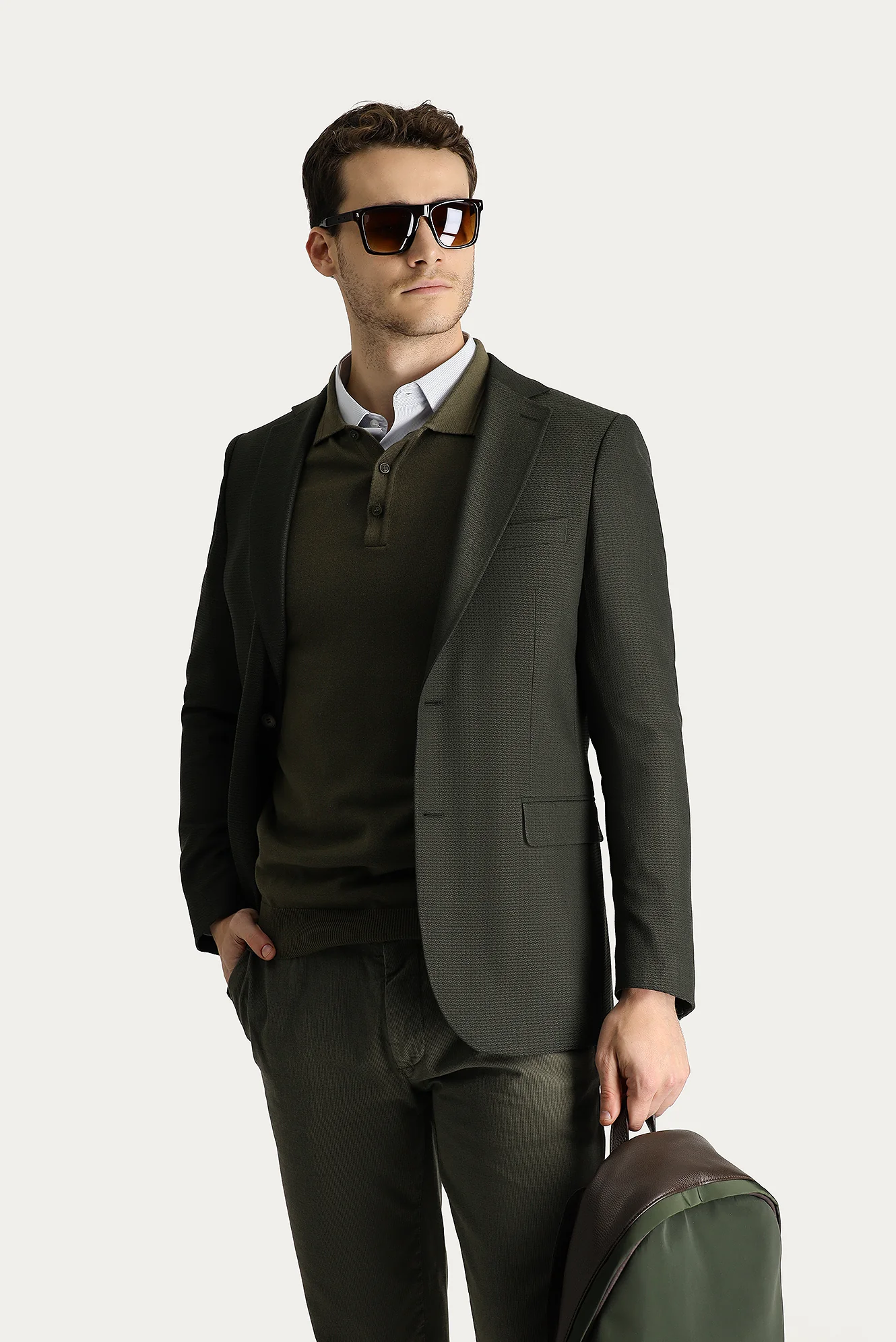 Koyu Haki 7 Drop Slim Fit Dar Kesim Yünlü Klasik Desenli Ceket