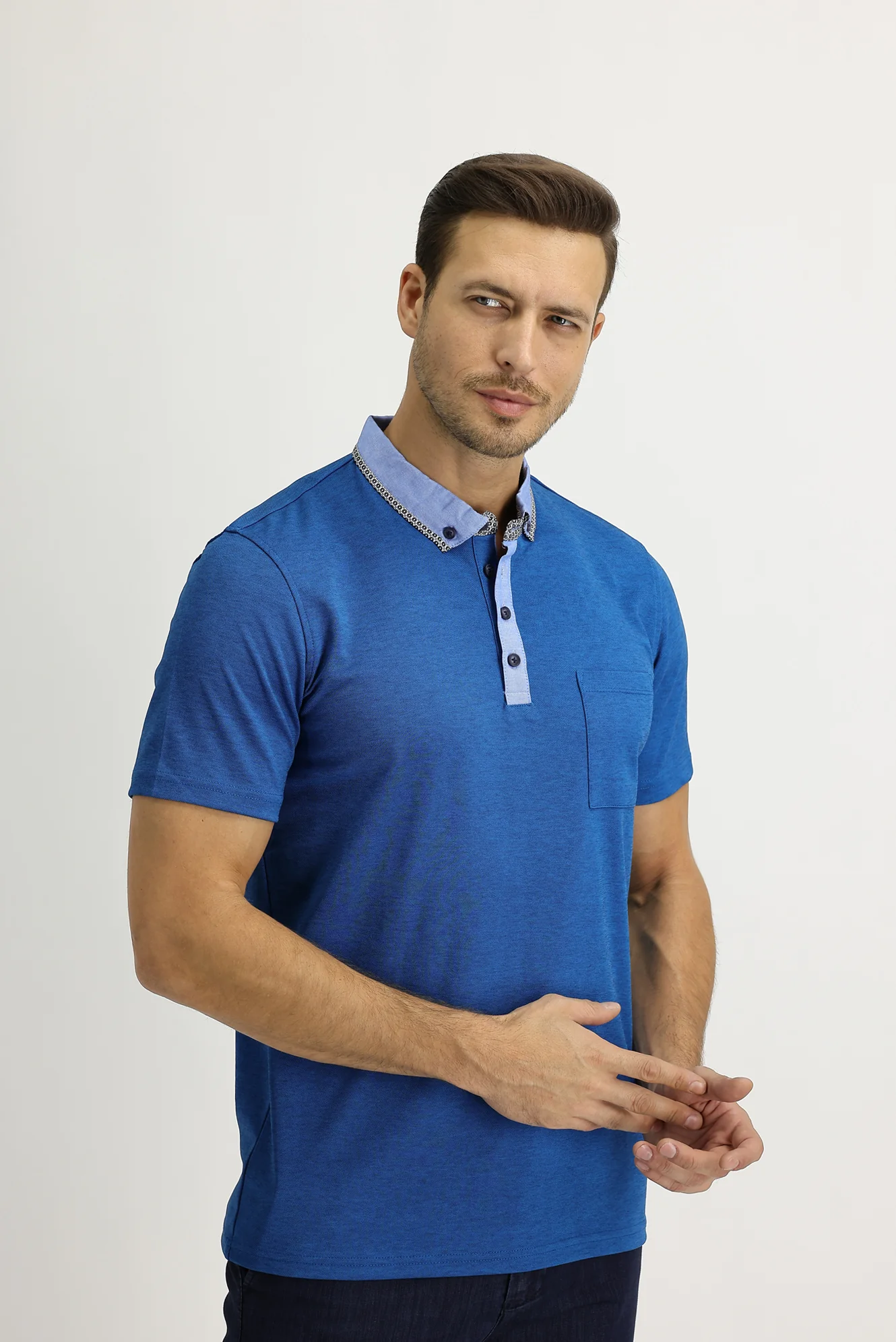 Koyu Havacı Cepli Polo Yaka Slim Fit Dar Kesim Tişört - Image 2