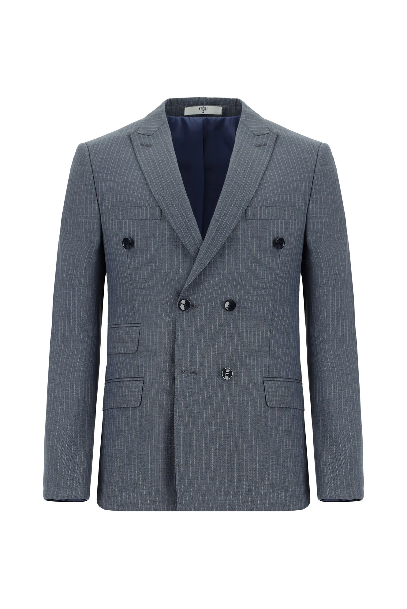 Koyu İndigo 7 Drop Super Slim Fit Eksra Dar Kesim Çizgili Kruvaze Takım Elbise - Image 2