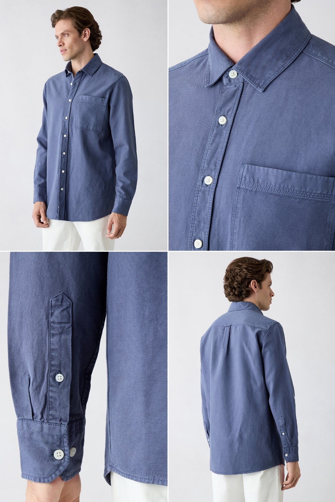Koyu İndigo Uzun Kol Regular Fit Cepli Denim Görünümlü Lyocell Keten Karışımlı Gömlek - Image 7