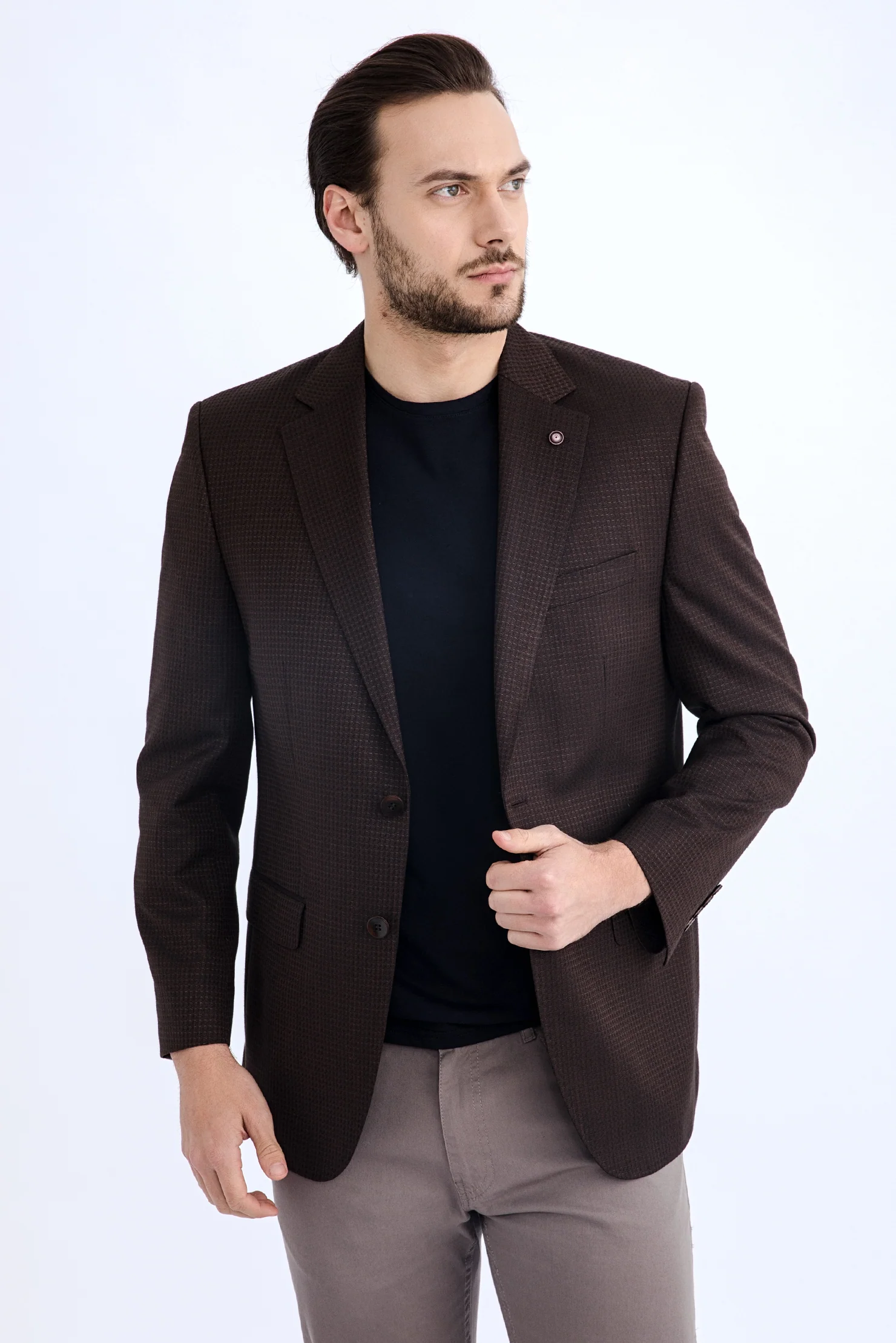 Koyu Kahve 6 Drop Regular Fit Standart Kesim Desenli Klasik Bambu Ceket - Image 2