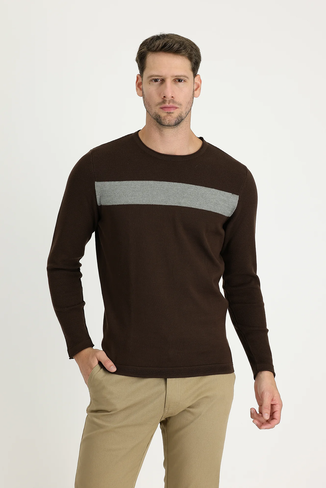 Koyu Kahve Bisiklet Yaka Slim Fit Dar Kesim Desenli Pamuklu Triko Kazak - Image 2