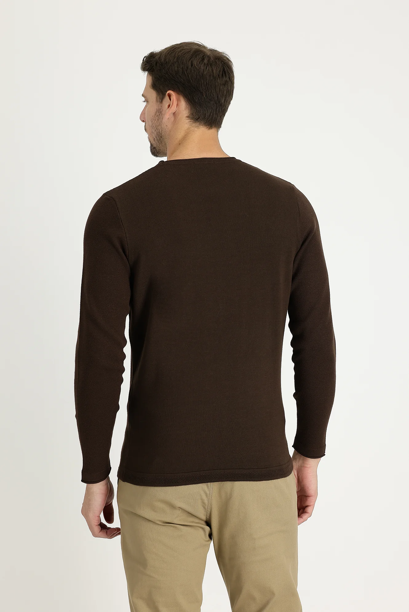 Koyu Kahve Bisiklet Yaka Slim Fit Dar Kesim Desenli Pamuklu Triko Kazak - Image 3
