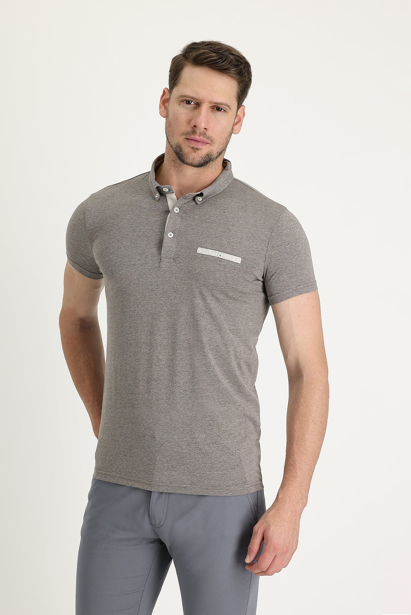 Koyu Kahve Polo Yaka Slim Fit Dar Kesim Tişört - Image 2
