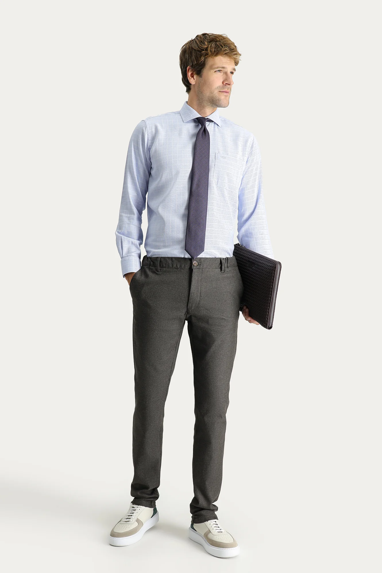 Koyu Kahve Regular Fit Standart Kesim Desenli Beli Lastikli Likralı Kanvas / Chino Pantolon