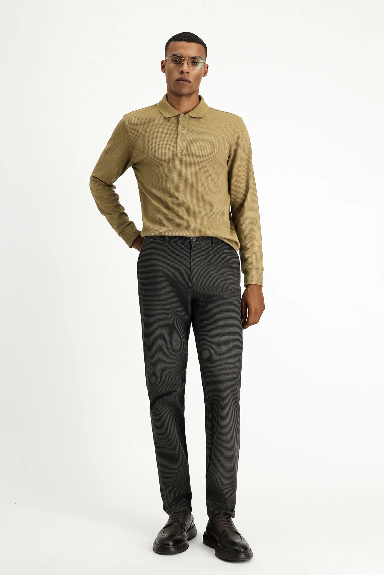 Koyu Kahve Relaxed Fit Rahat Kesim Likralı Desenli Kanvas / Chino Pantolon
