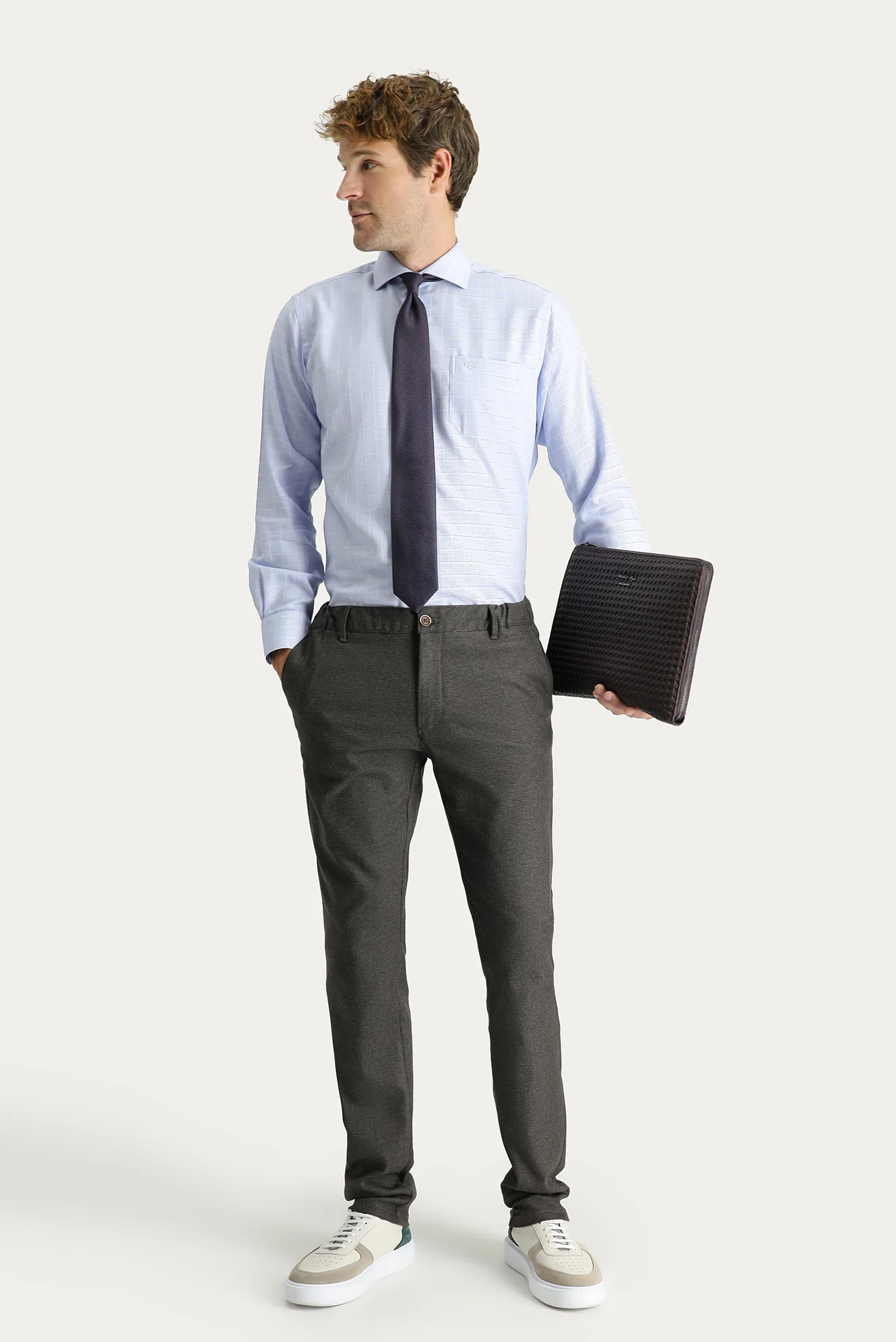 Koyu Kahve Slim Fit Dar Kesim Desenli Beli Lastikli Likralı Kanvas / Chino Pantolon - Image 2