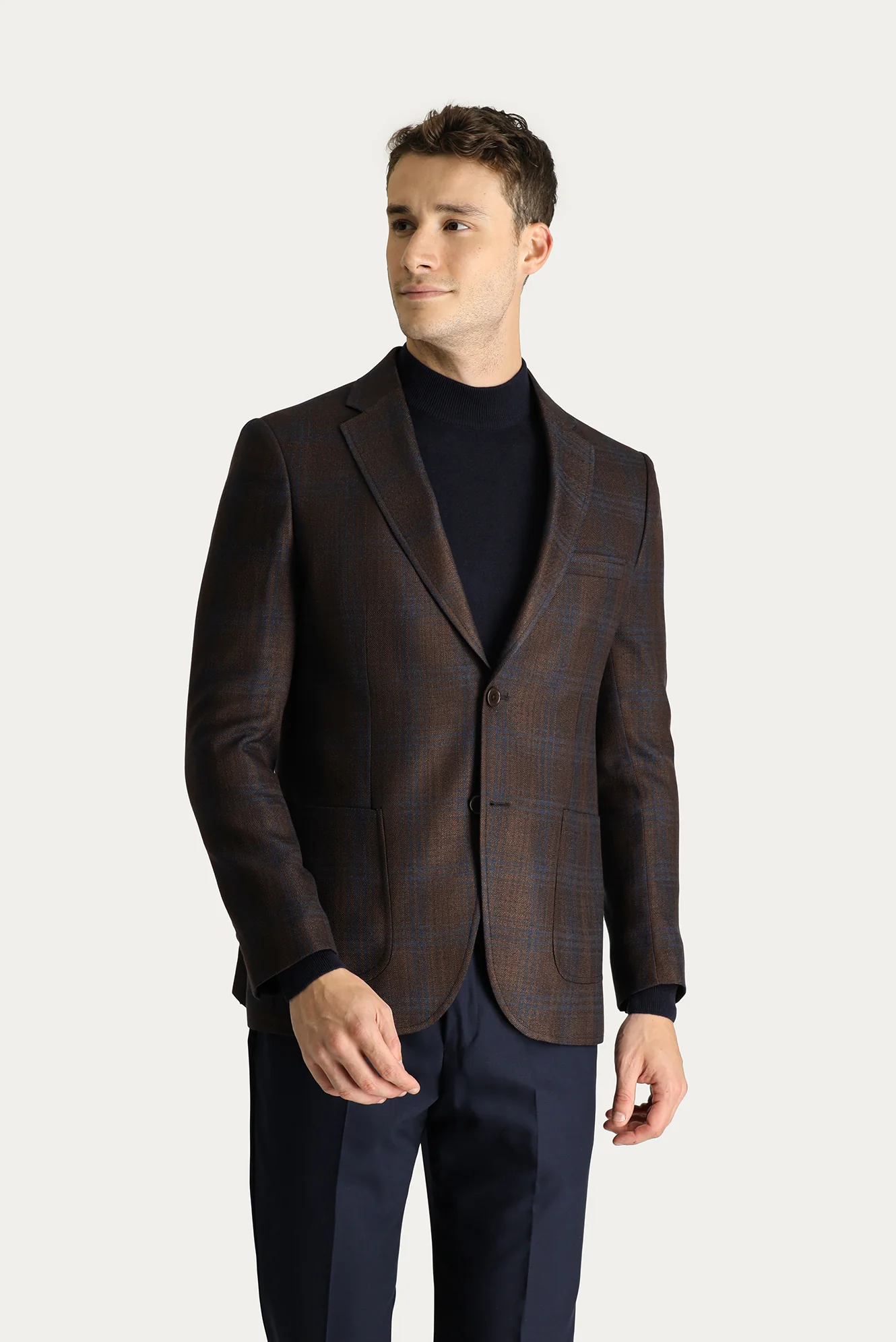 Koyu Kahve 7 Drop Slim Fit Dar Kesim Ekose Spor Ceket - Image 2
