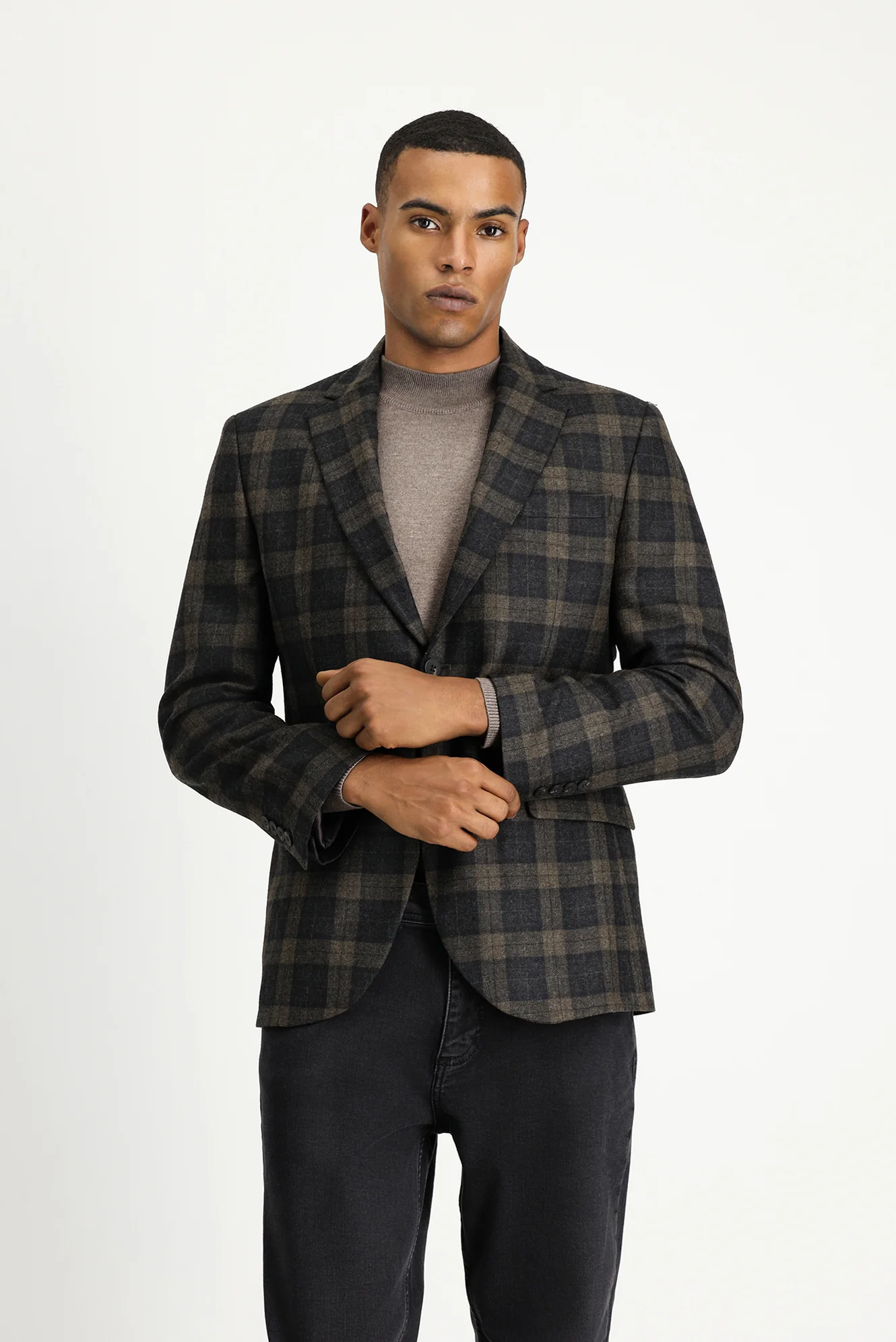 Koyu Kahve 7 Drop Slim Fit Dar Kesim Klasik Ekose Yün Ceket