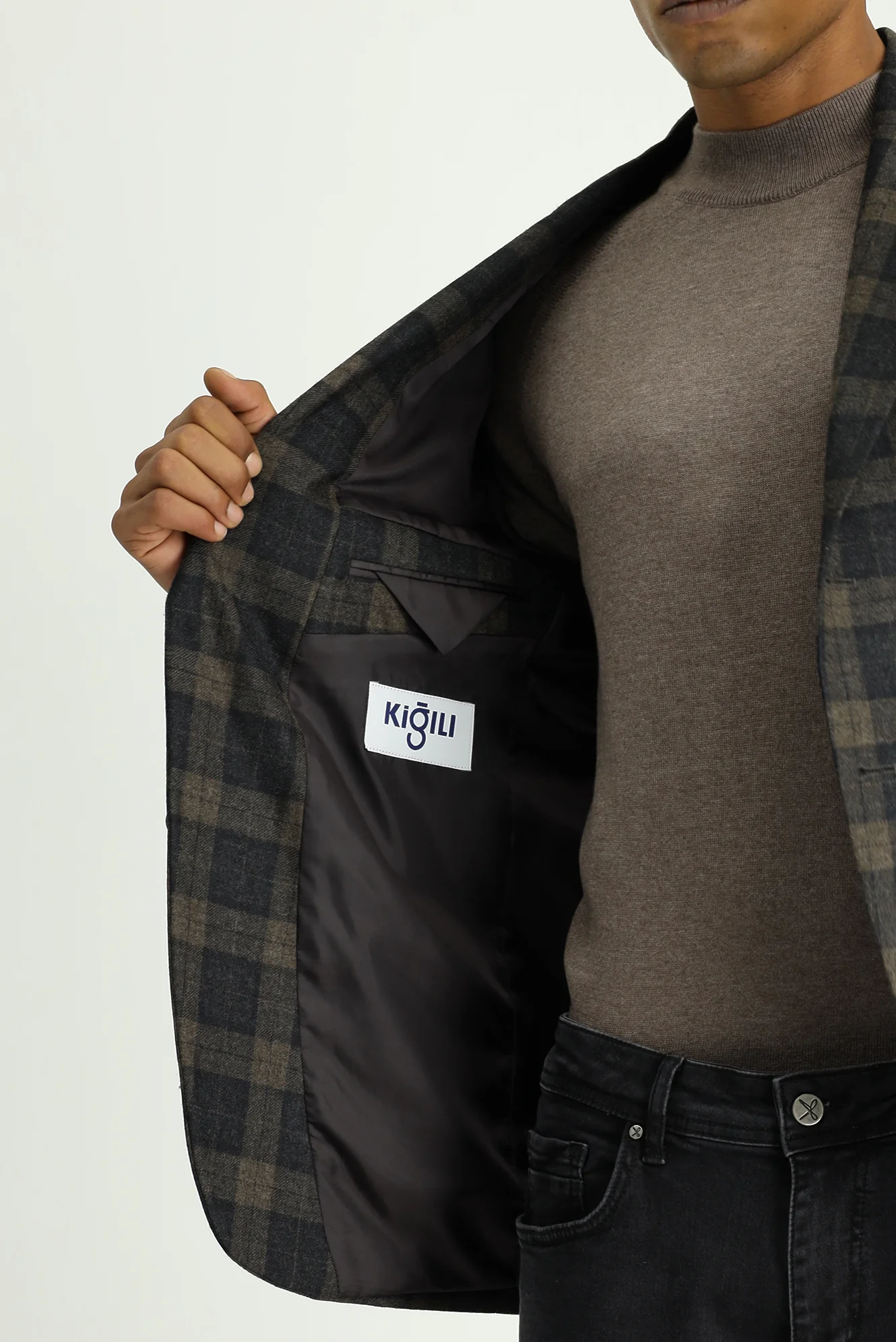 Koyu Kahve 7 Drop Slim Fit Dar Kesim Klasik Ekose Yün Ceket - Image 4