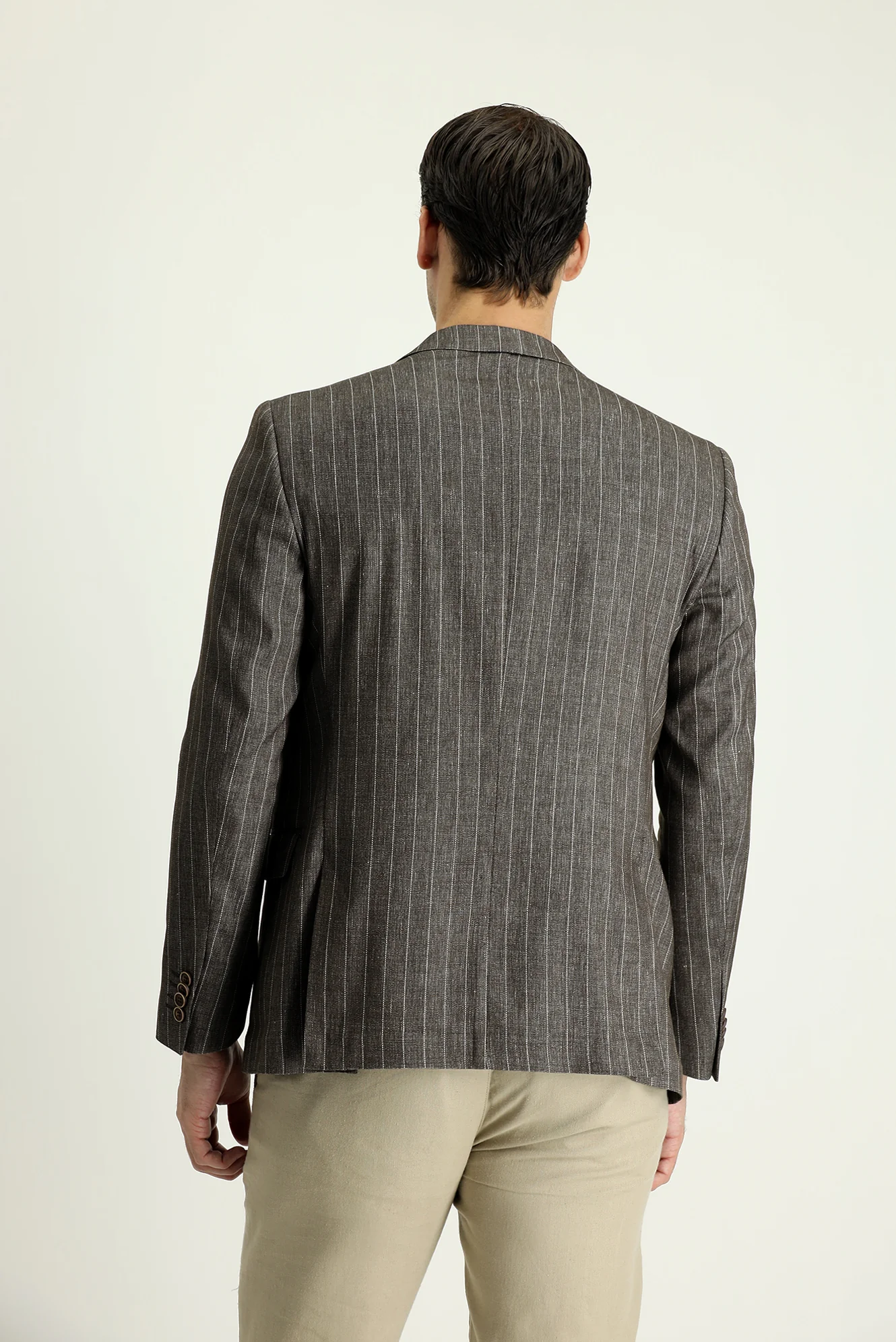 Koyu Kahve 7 Drop Slim Fit Dar Kesim Kruvaze Çizgili Keten Karışımlı Ceket - Image 3