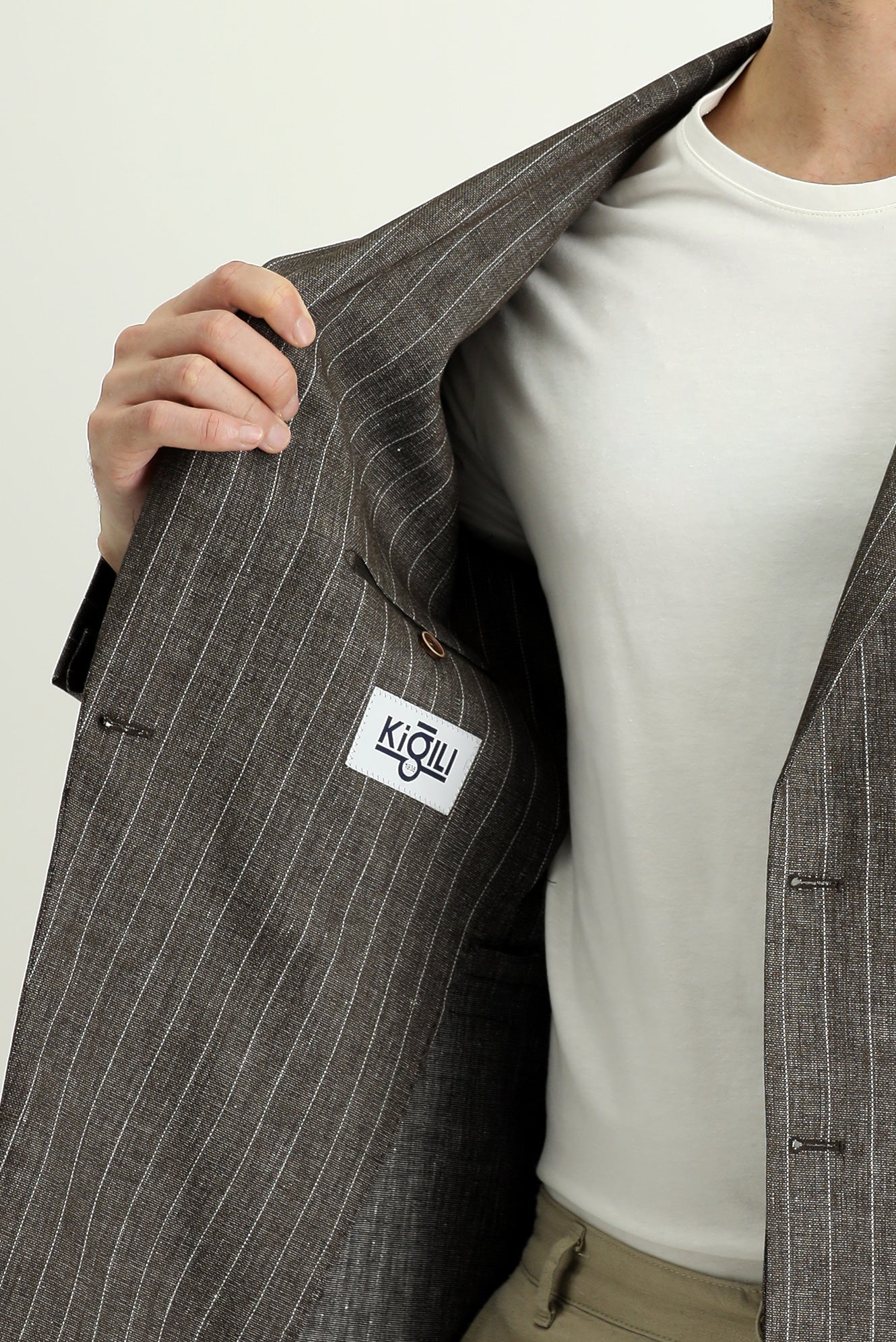 Koyu Kahve 7 Drop Slim Fit Dar Kesim Kruvaze Çizgili Keten Karışımlı Ceket - Image 5