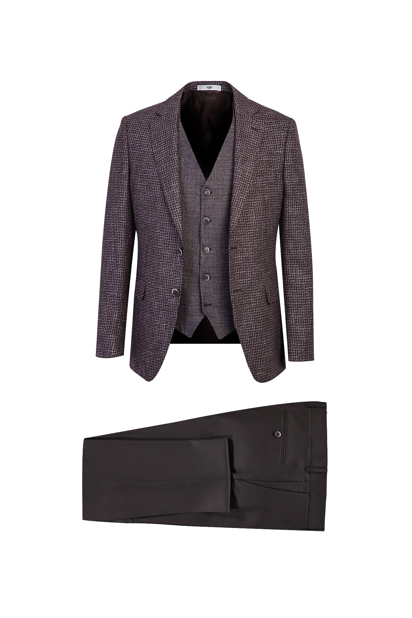 Koyu Kahve 7 Drop Slim Fit Dar Kesim Yelekli Kombinli Keten Takım Elbise