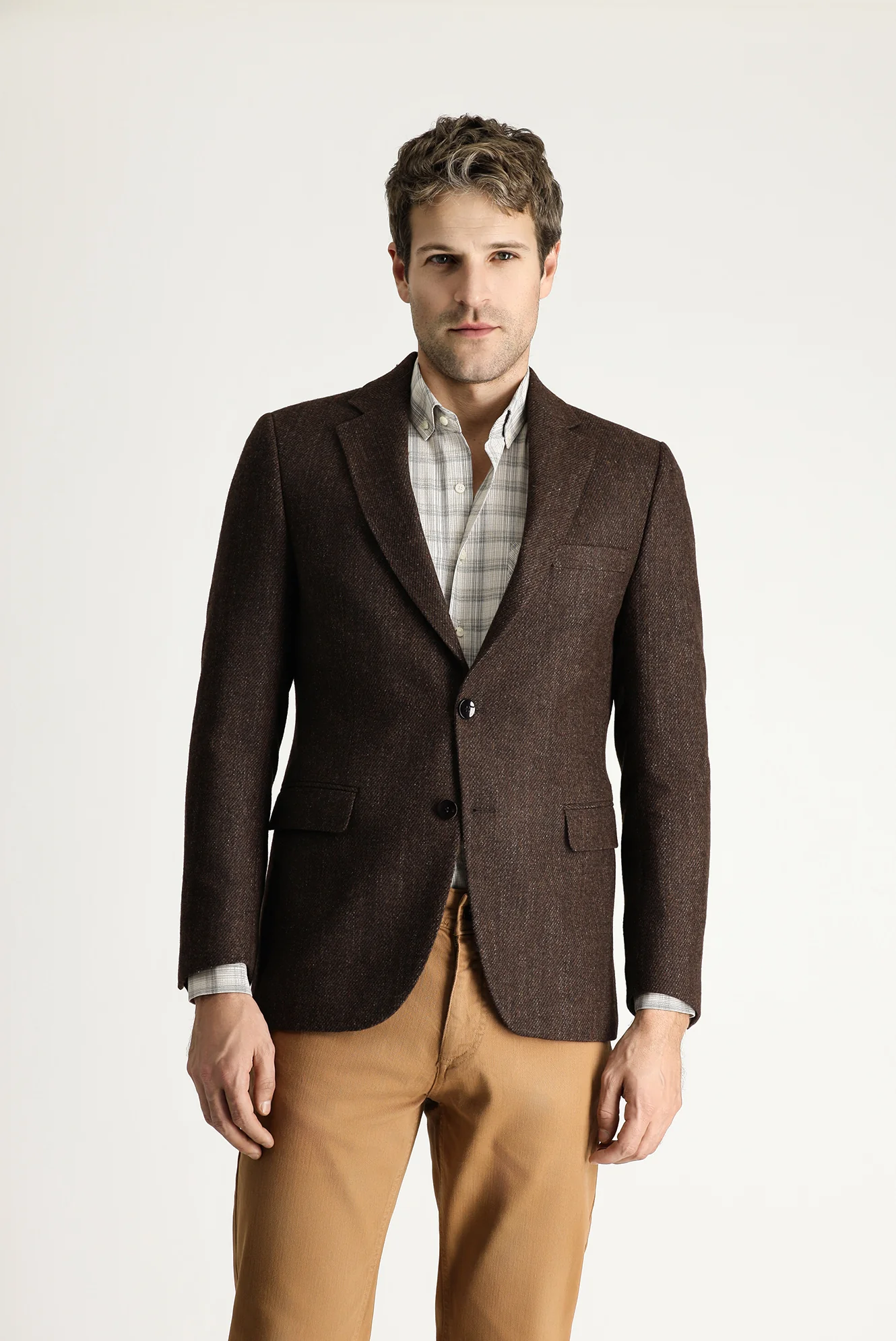 Koyu Kahve 7 Drop Slim Fit Dar Kesim Yünlü Klasik Desenli Ceket - Image 3