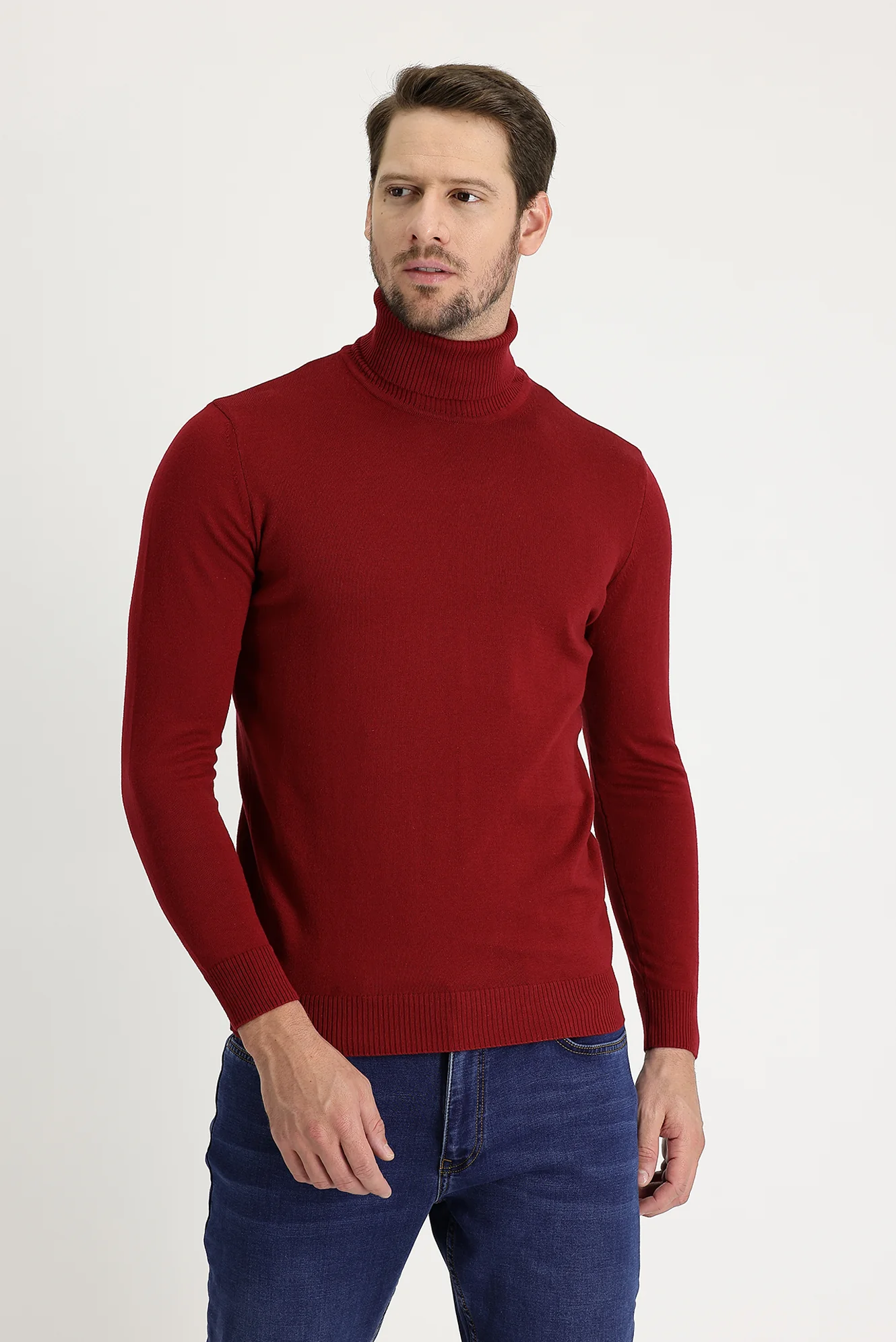 Koyu Kırmızı Balıkçı Yaka Regular Fit Triko Kazak - Image 2