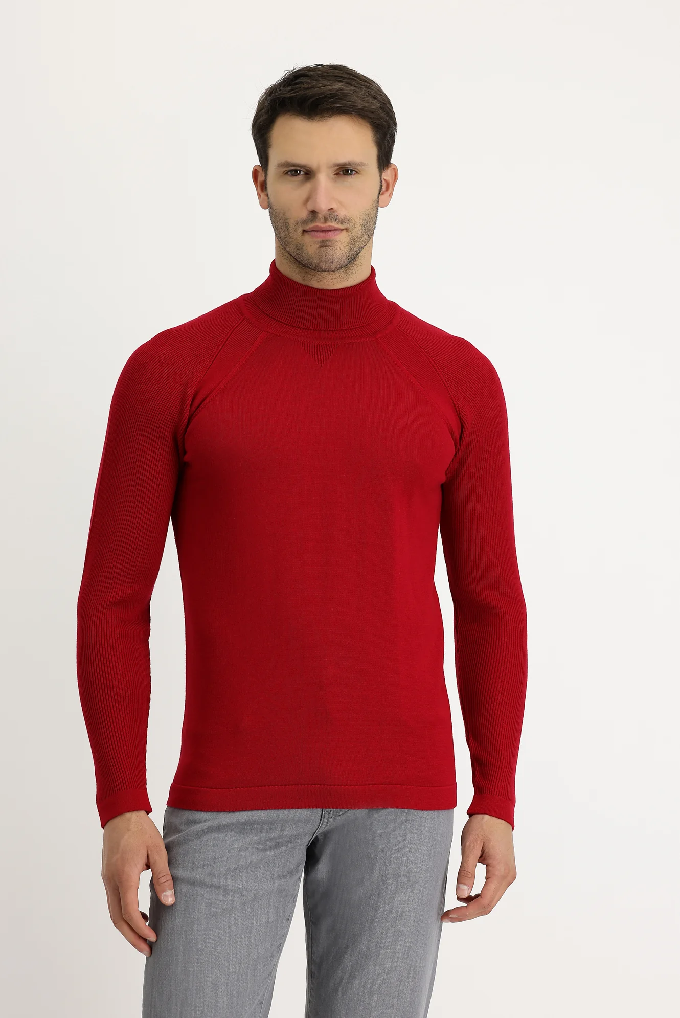 Koyu Kırmızı Balıkçı Yaka Slim Fit Dar Kesim Desenli Triko Kazak