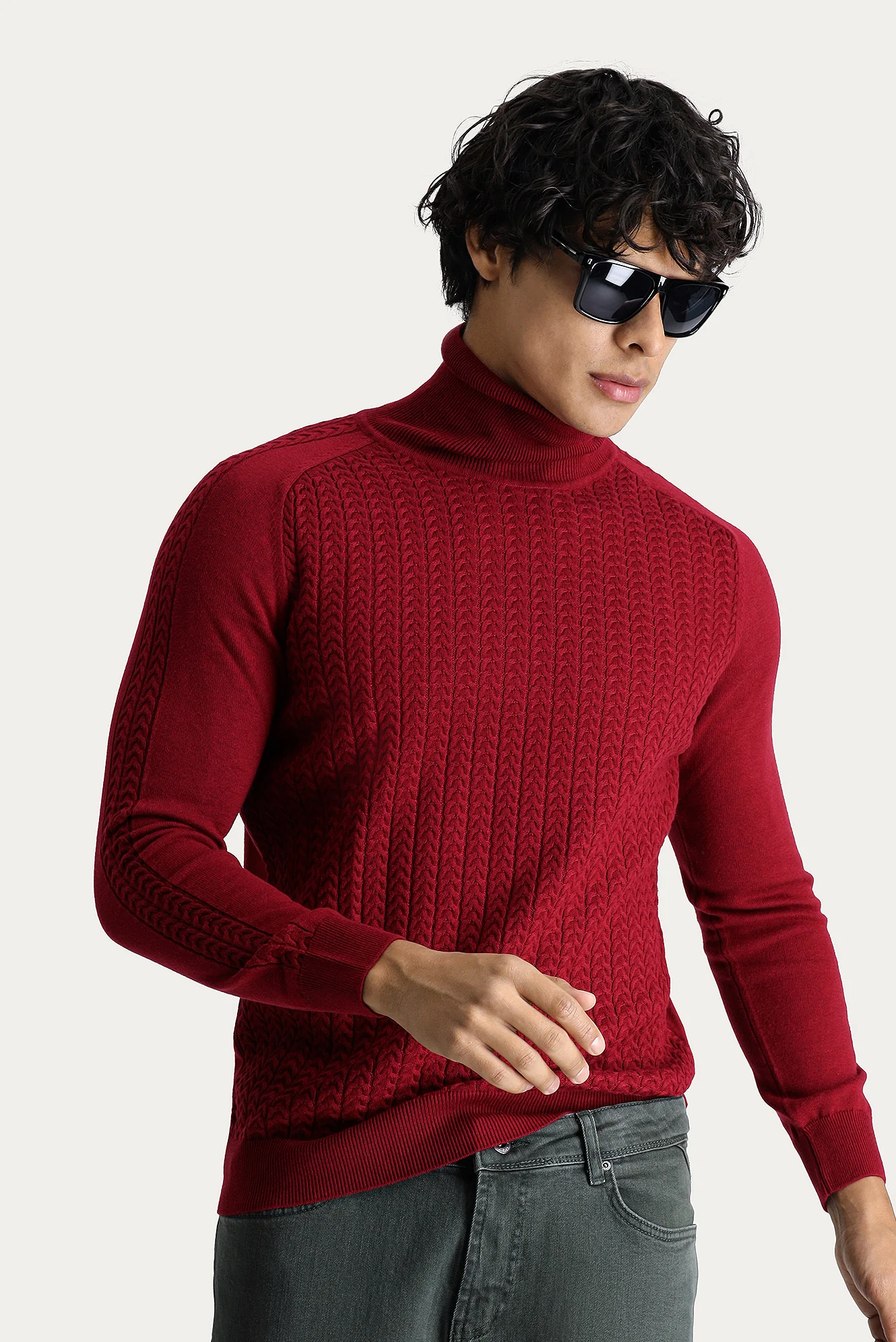 Koyu Kırmızı Balıkçı Yaka Slim Fit Dar Kesim Desenli Pamuklu Triko Kazak