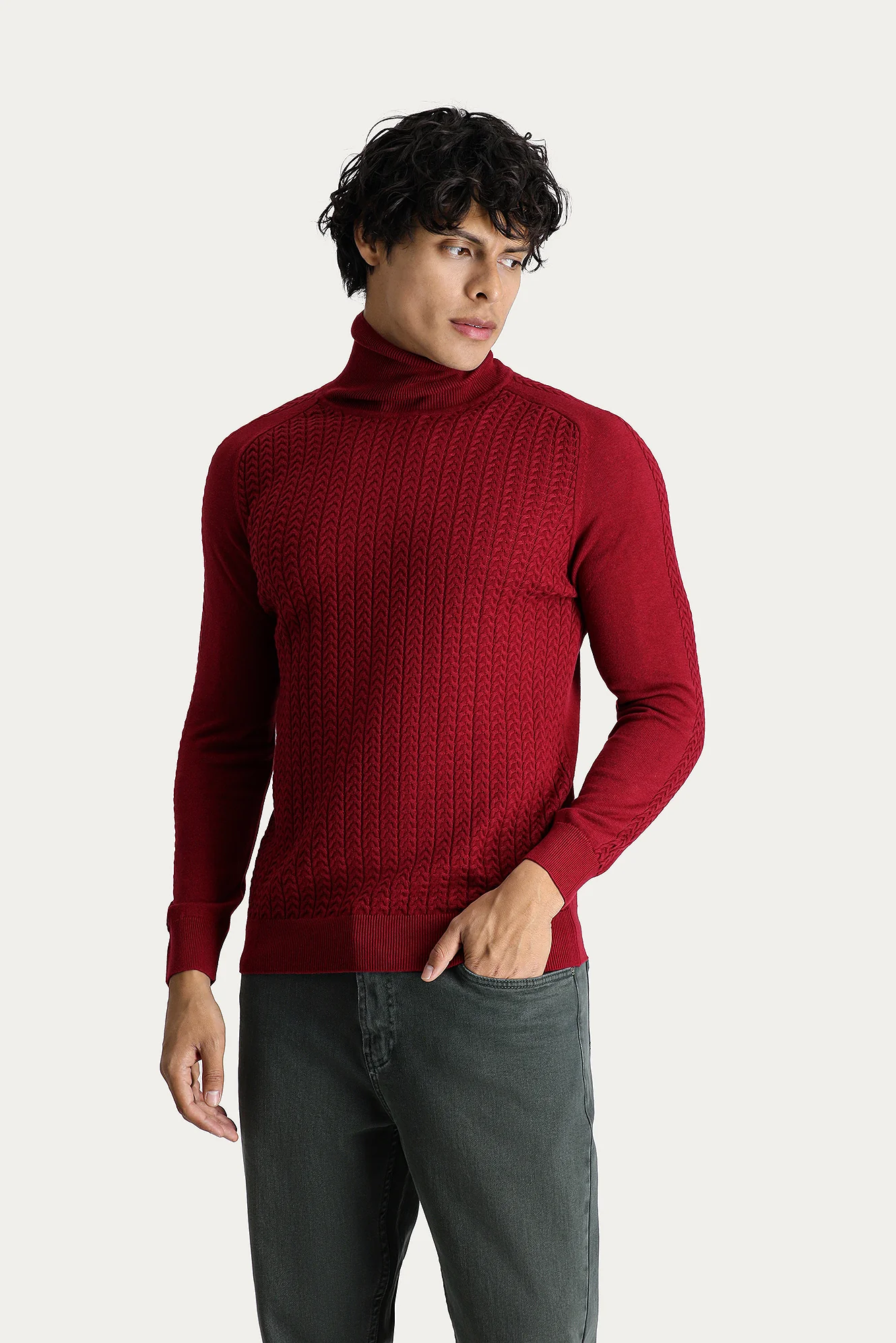 Koyu Kırmızı Balıkçı Yaka Slim Fit Dar Kesim Desenli Pamuklu Triko Kazak - Image 3