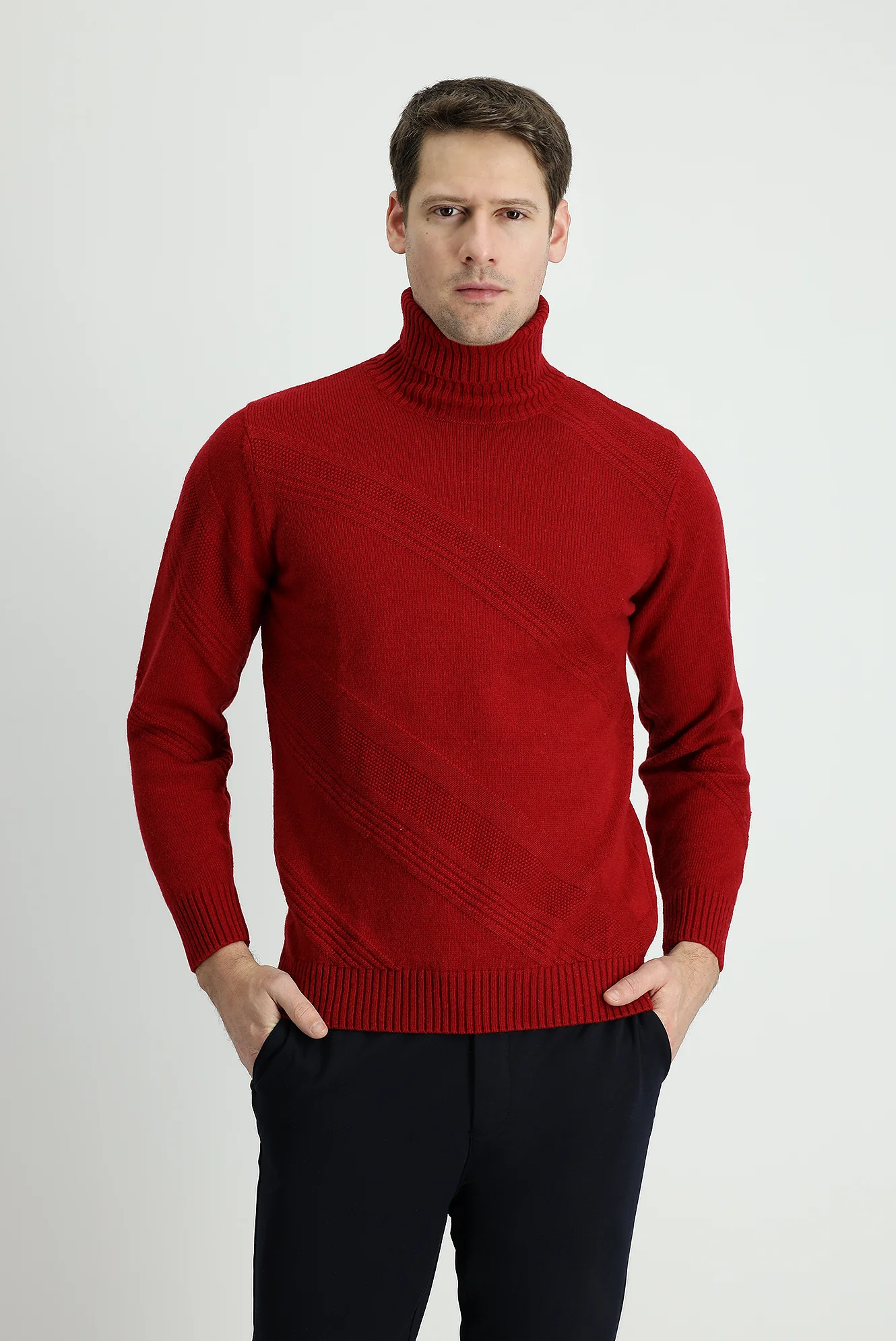 Koyu Kırmızı Balıkçı Yaka Slim Fit Dar Kesim Desenli Yünlü Triko Kazak