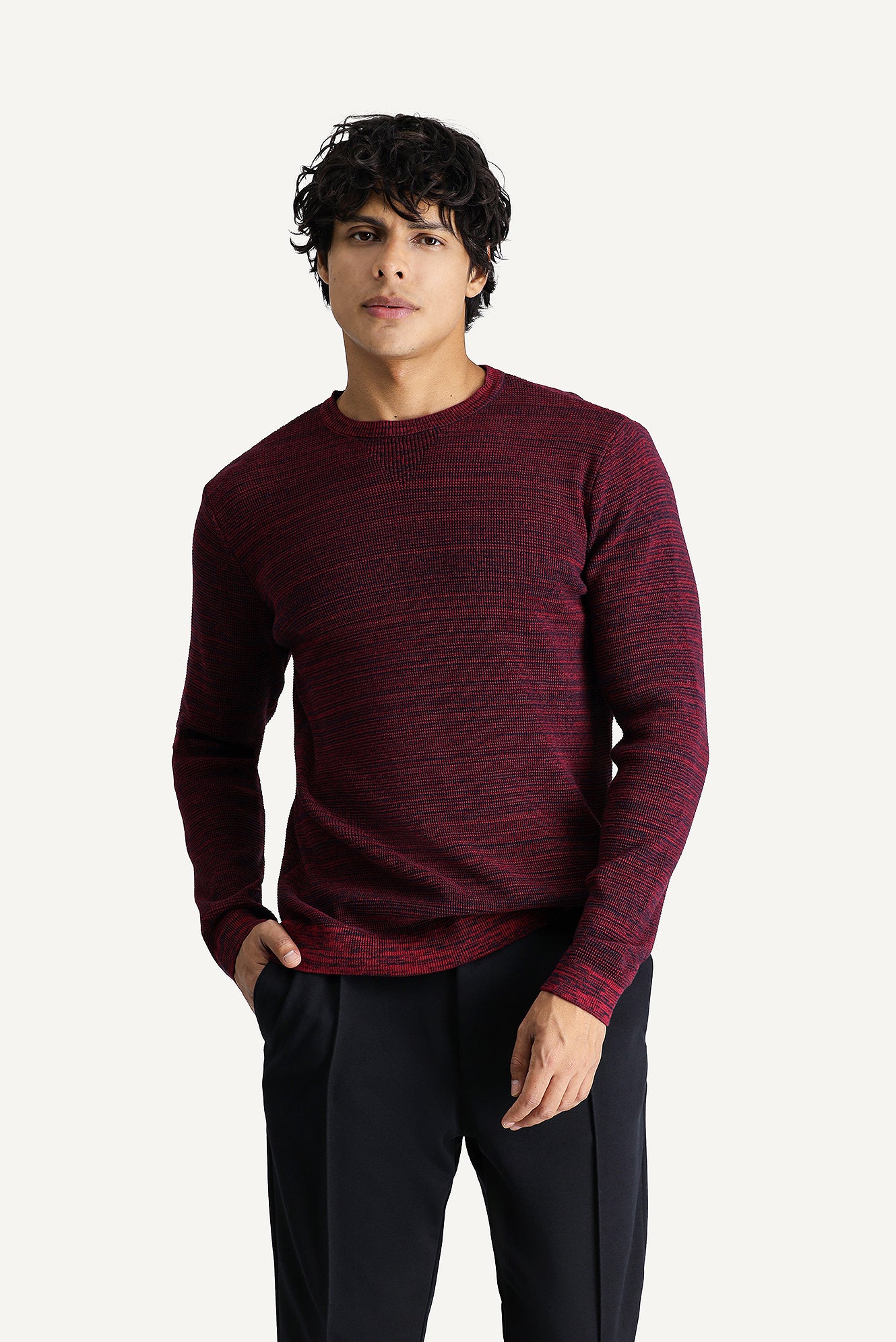 Koyu Kırmızı Bisiklet Yaka Slim Fit Dar Kesim Desenli Pamuklu Triko Kazak - Image 2