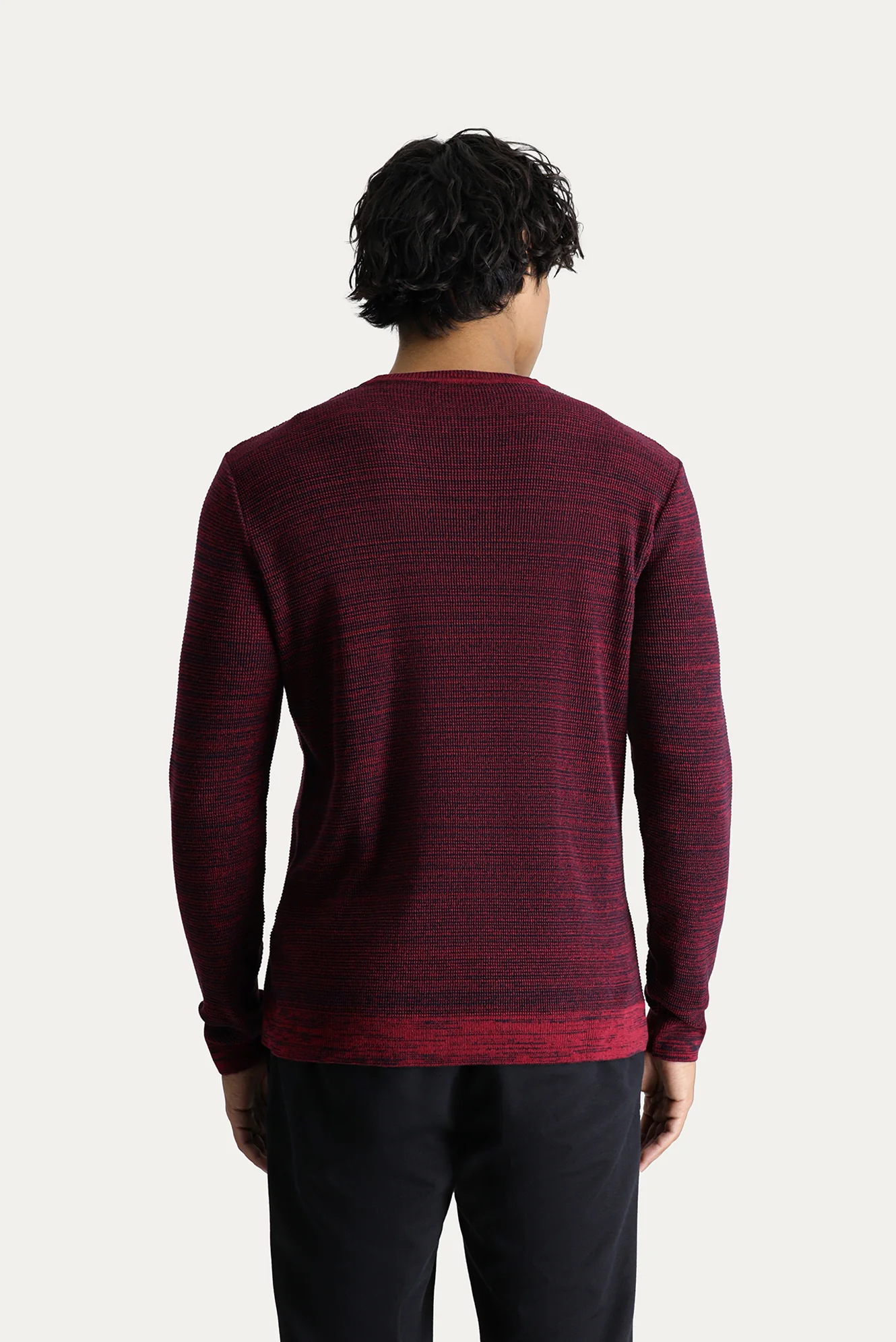 Koyu Kırmızı Bisiklet Yaka Slim Fit Dar Kesim Desenli Pamuklu Triko Kazak - Image 3