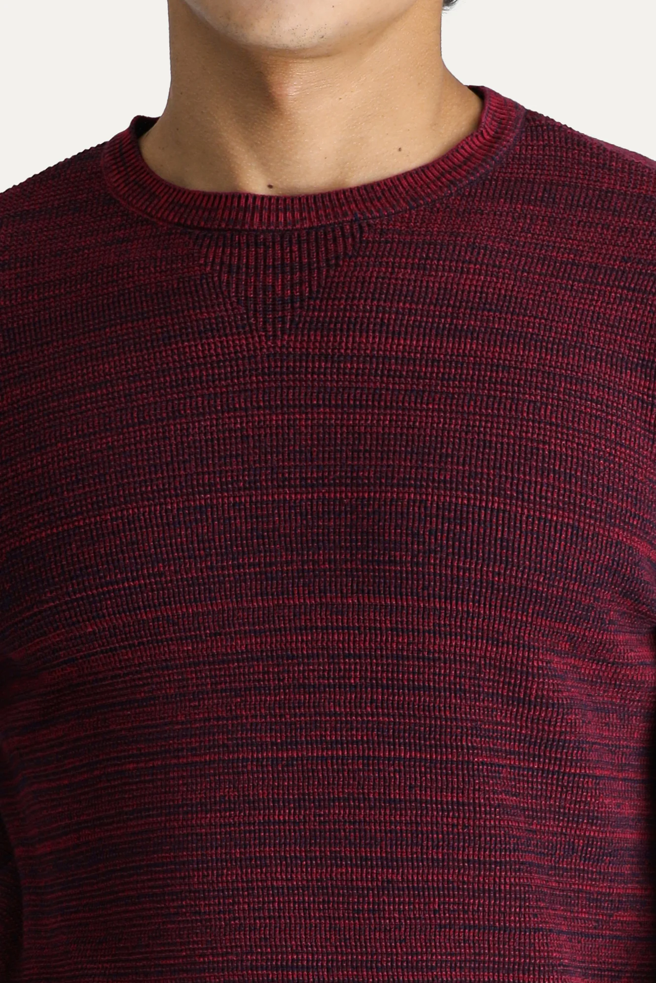 Koyu Kırmızı Bisiklet Yaka Slim Fit Dar Kesim Desenli Pamuklu Triko Kazak - Image 4