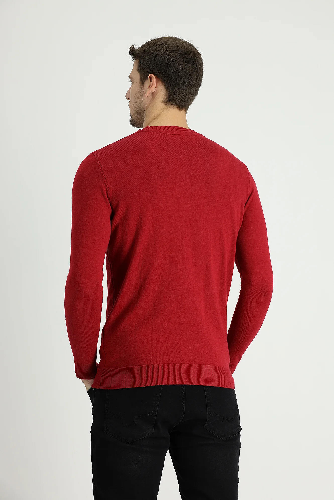 Koyu Kırmızı Bisiklet Yaka Slim Fit Dar Kesim Triko Kazak - Image 2