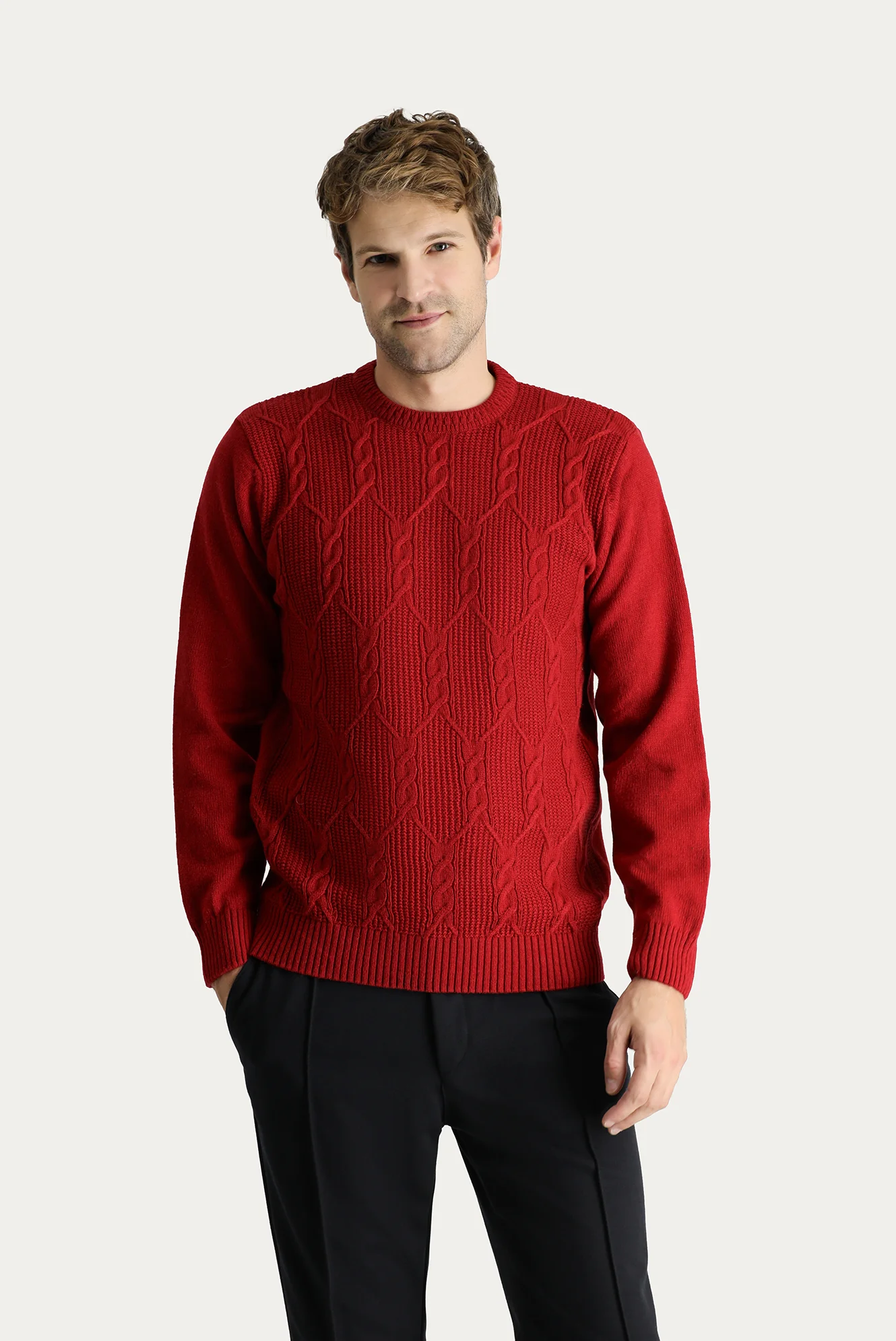 Koyu Kırmızı Bisiklet Yaka Slim Fit Dar Kesim Yünlü Desenli Triko Kazak - Image 2