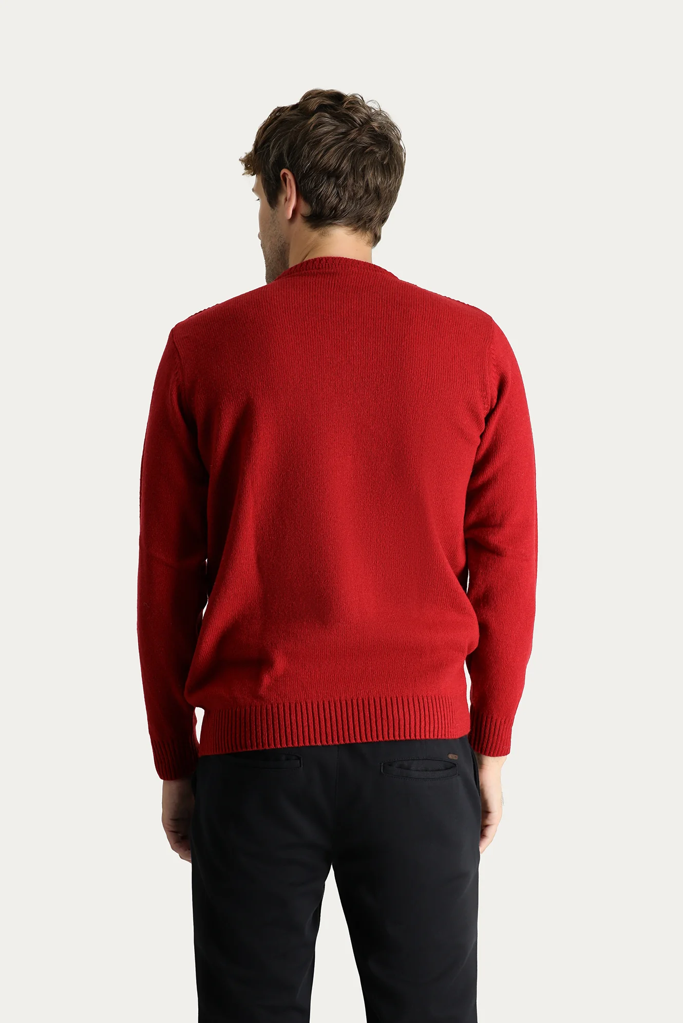 Koyu Kırmızı Bisiklet Yaka Slim Fit Dar Kesim Yünlü Desenli Triko Kazak - Image 3