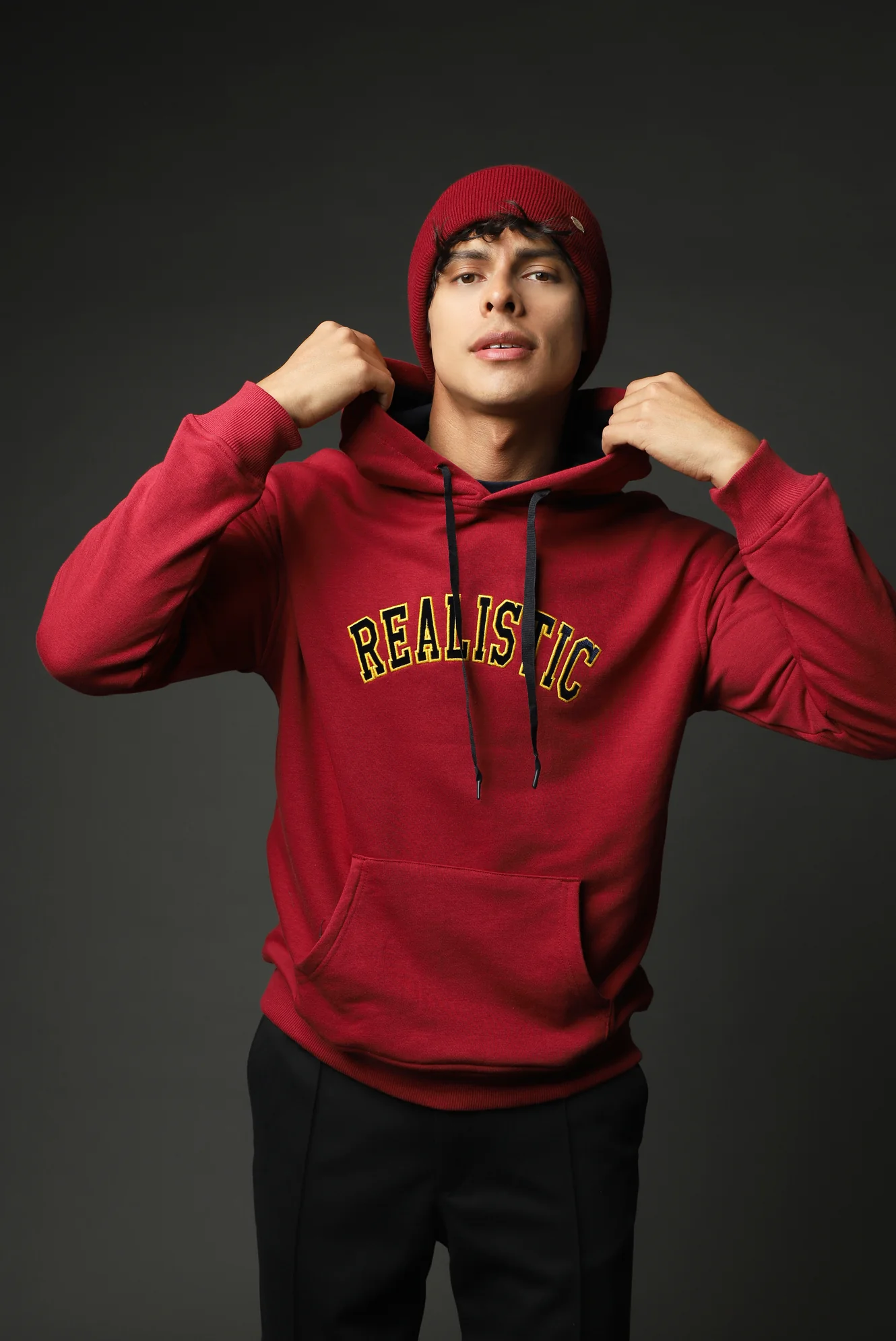 Koyu Kırmızı Kapüşonlu Nakışlı Oversize Pamuk Sweatshirt