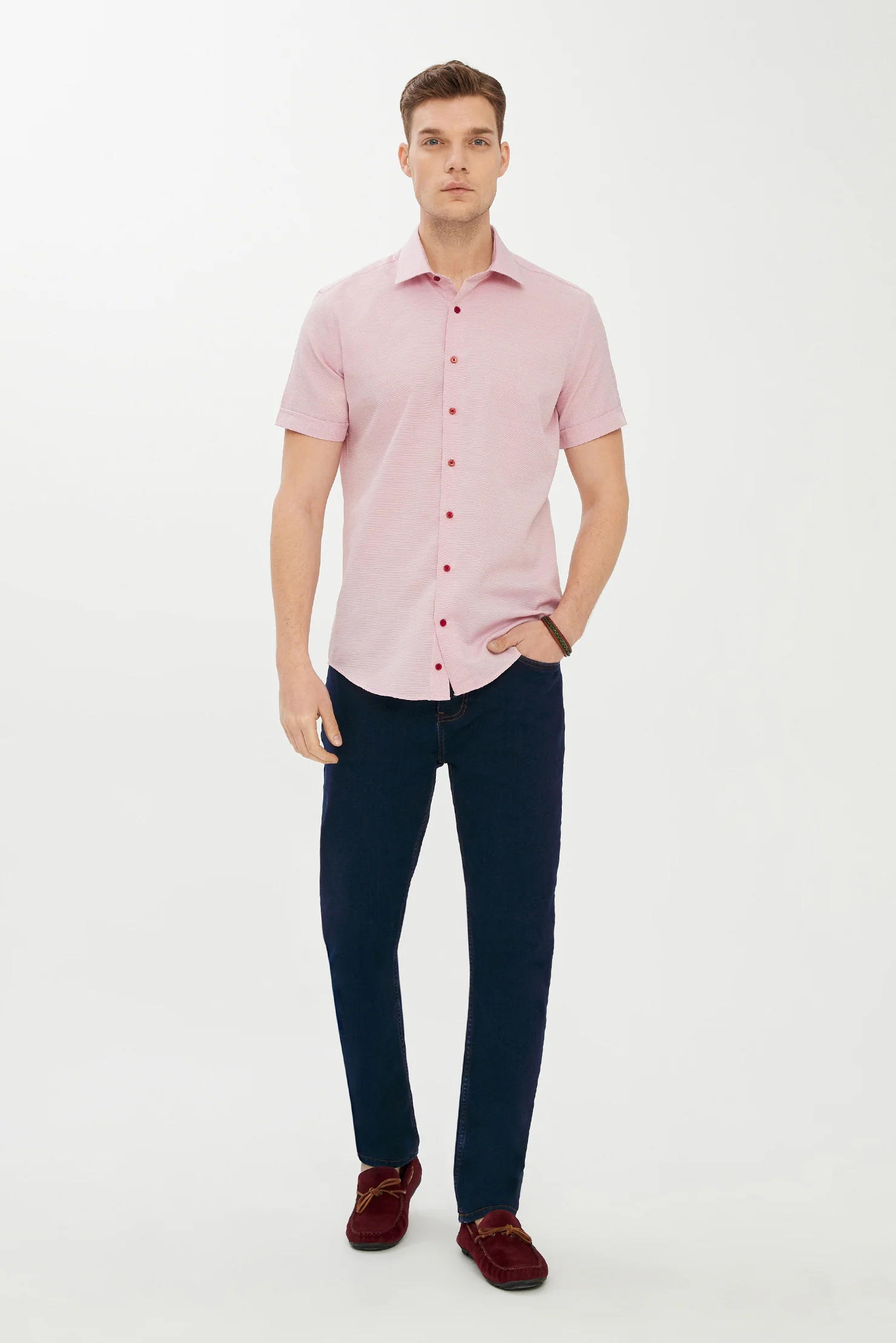 Koyu Kırmızı Kısa Kol Slim Fit Dar Kesim Desenli Gömlek