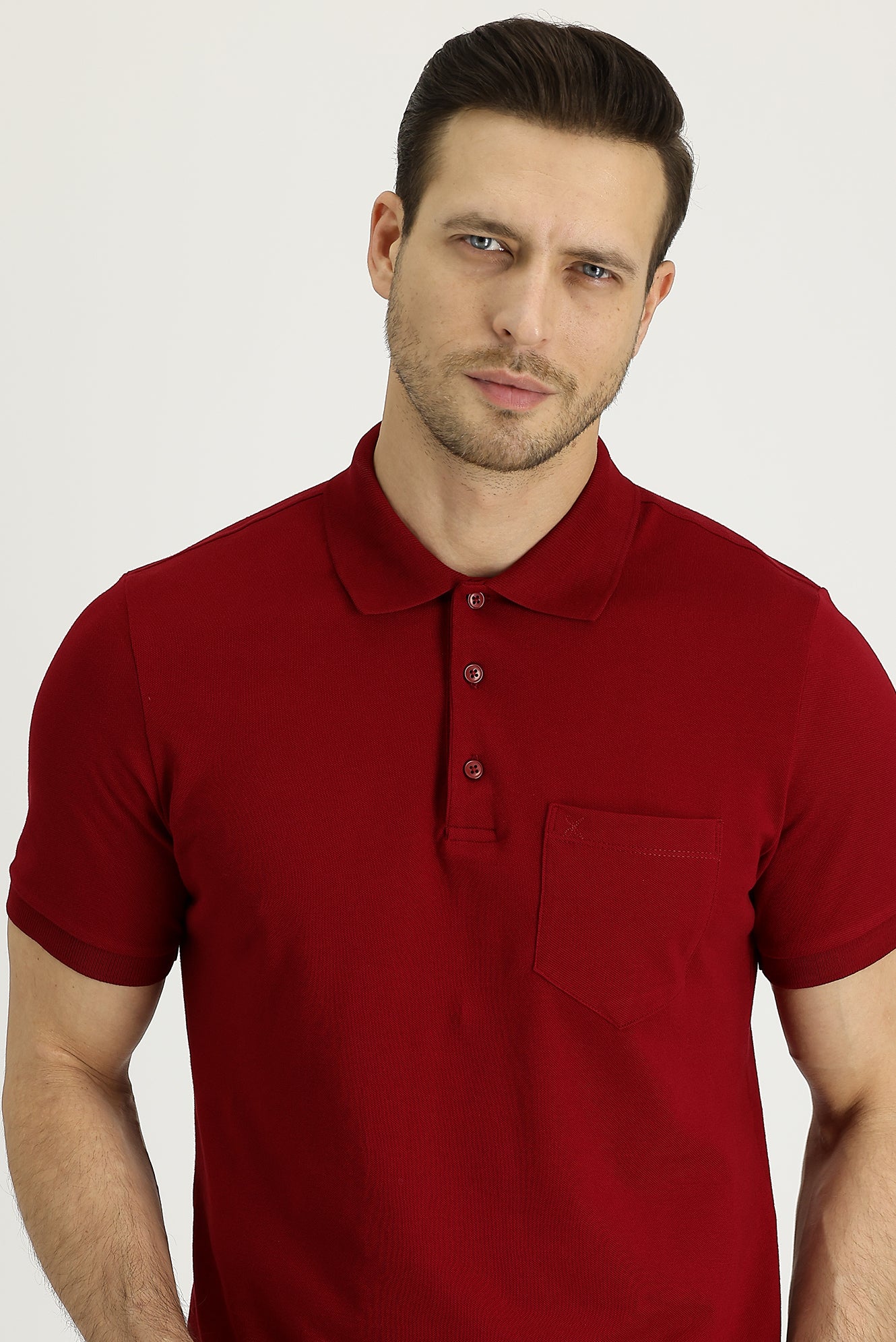 Koyu Kırmızı Polo Yaka Regular Fit Nakışlı Pamuk Tişört - Image 2