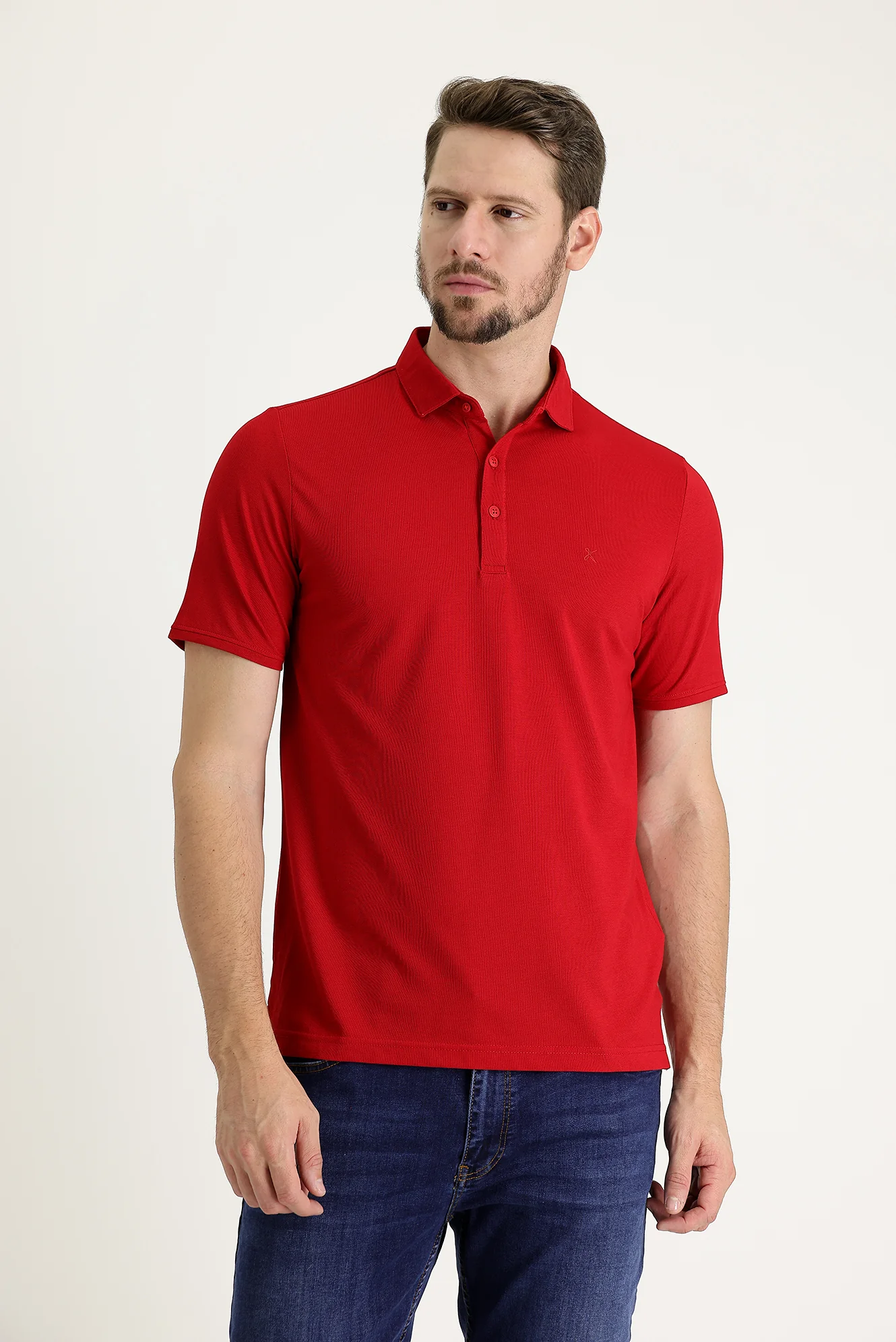 Koyu Kırmızı Polo Yaka Regular Fit Nakışlı Tişört - Image 2