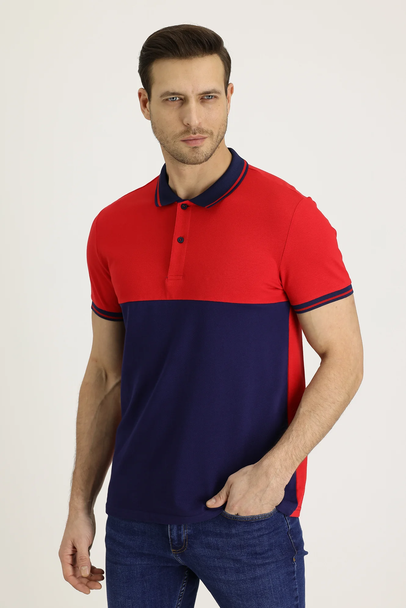 Koyu Kırmızı Polo Yaka Slim Fit Dar Kesim Desenli Pamuk Tişört - Image 2