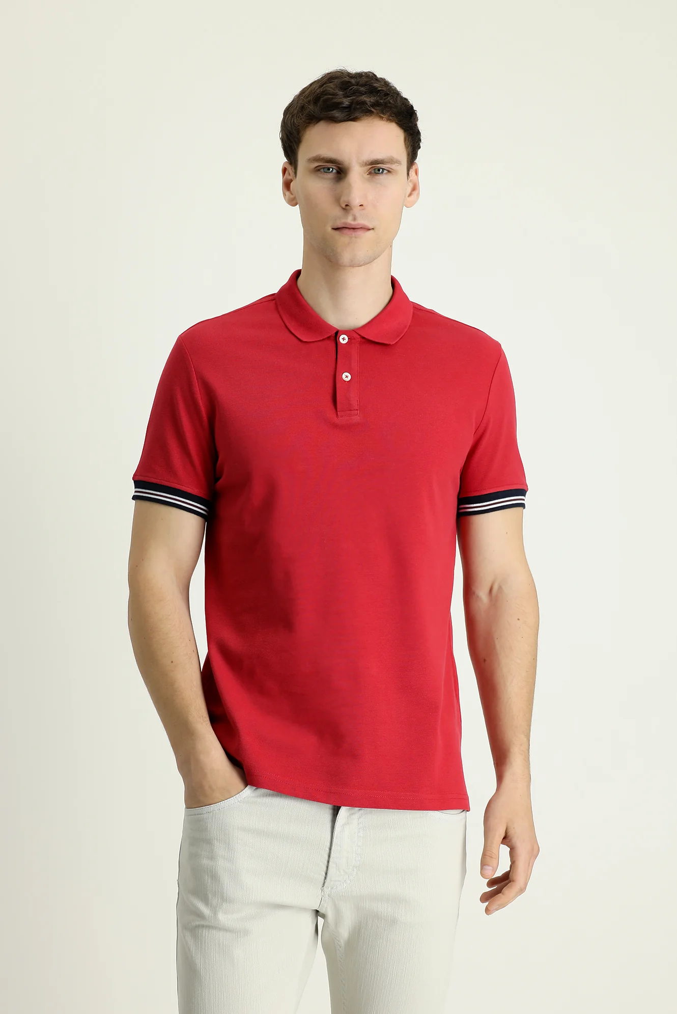 Koyu Kırmızı Polo Yaka Slim Fit Dar Kesim Desenli Pamuk Tişört - Image 2