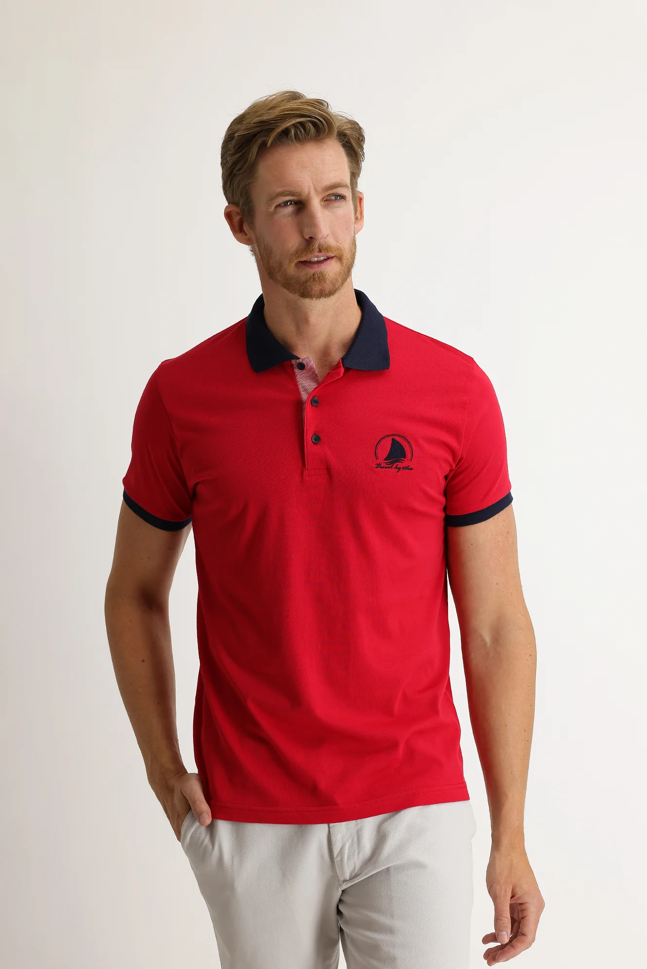 Koyu Kırmızı Polo Yaka Slim Fit Dar Kesim Desenli Tişört - Image 2