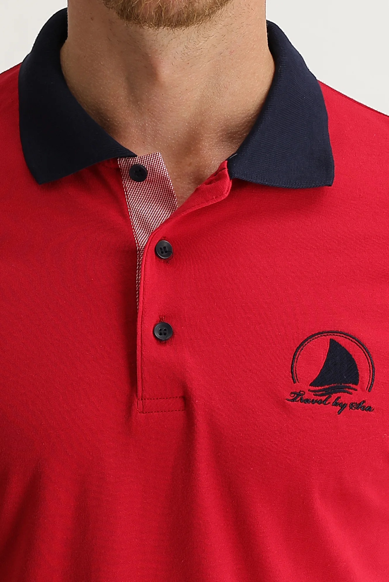 Koyu Kırmızı Polo Yaka Slim Fit Dar Kesim Desenli Tişört - Image 3