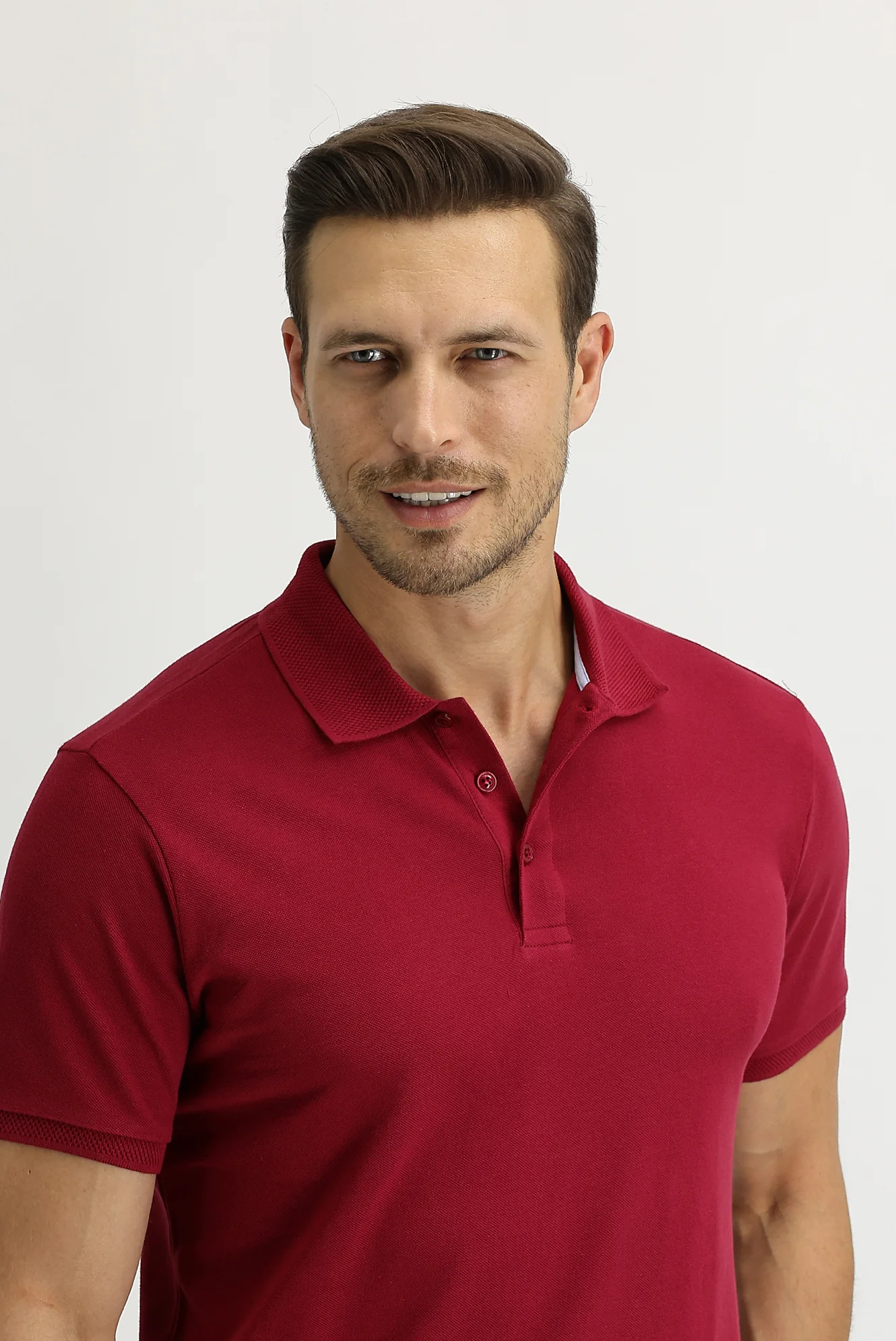 Koyu Kırmızı Polo Yaka Slim Fit Dar Kesim Nakışlı Pamuk Tişört