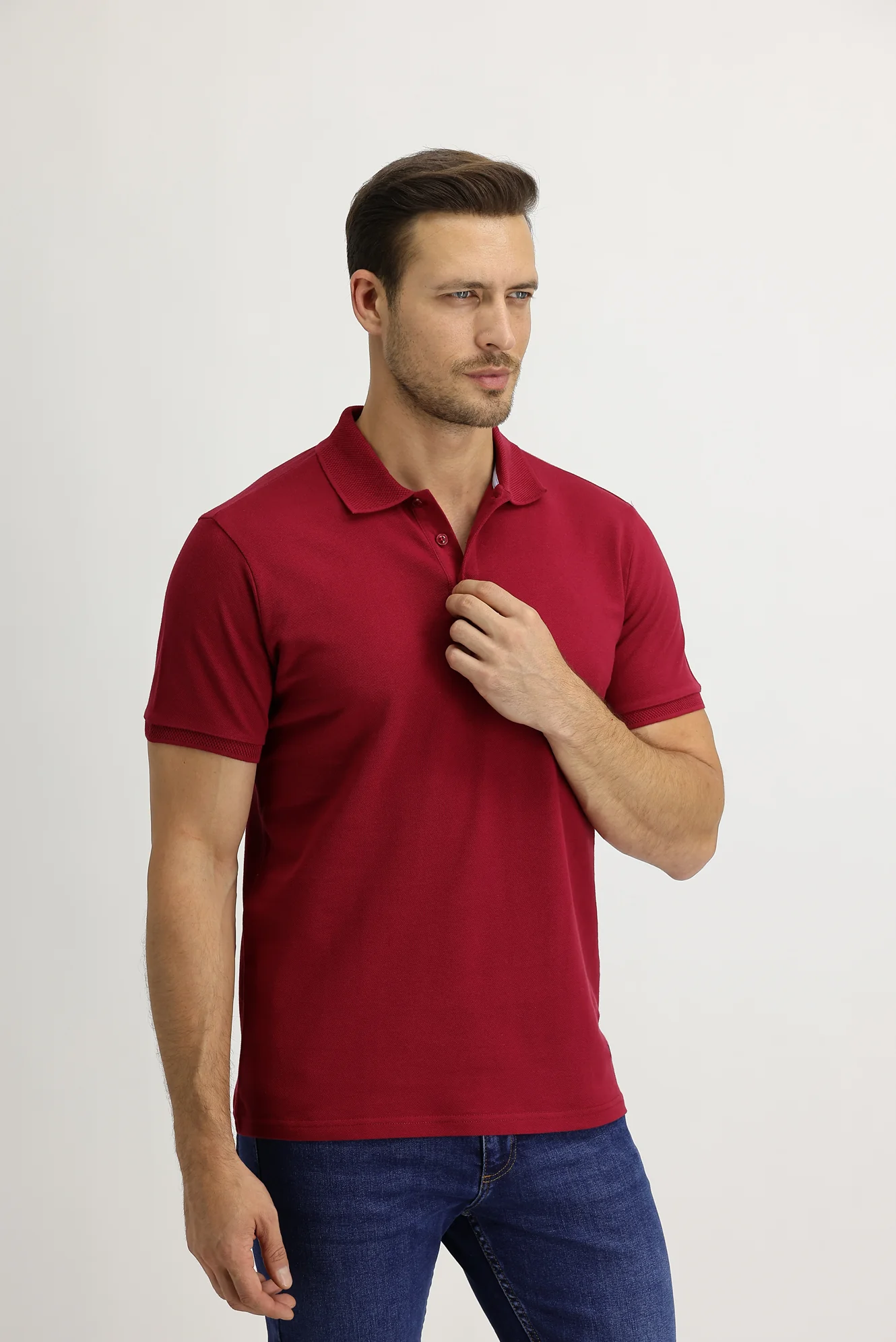 Koyu Kırmızı Polo Yaka Slim Fit Dar Kesim Nakışlı Pamuk Tişört - Image 2