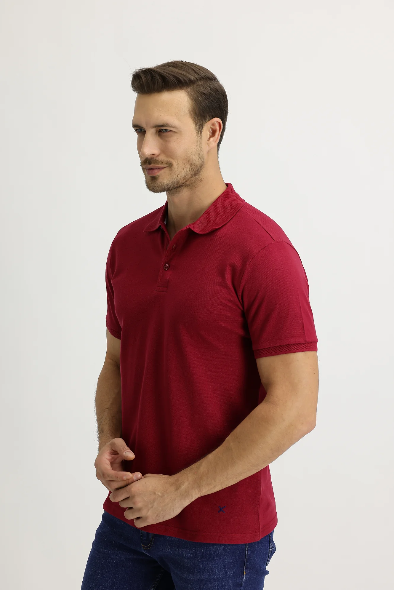 Koyu Kırmızı Polo Yaka Slim Fit Dar Kesim Nakışlı Pamuk Tişört - Image 3